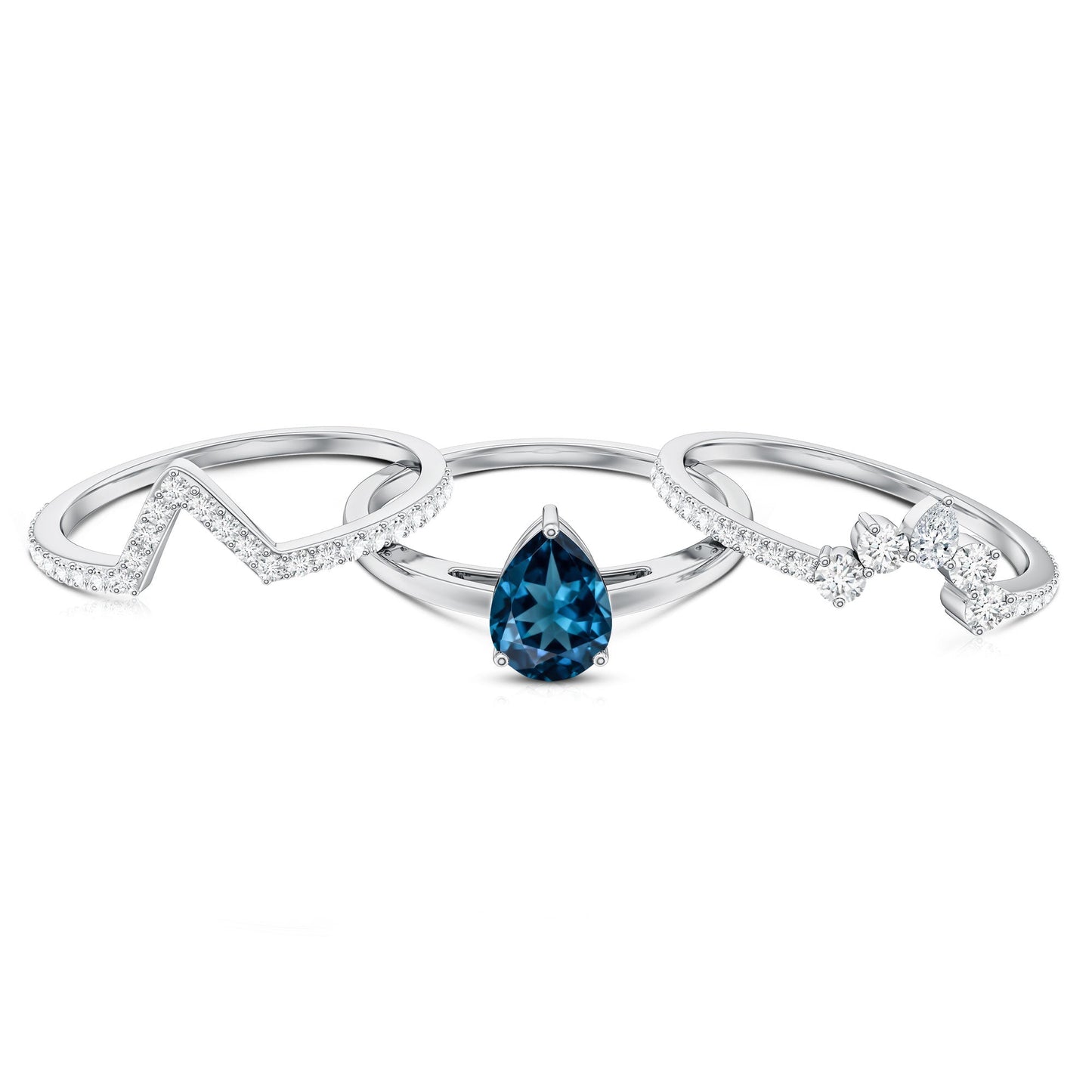 Pear Shape London Blue Topaz and Diamond Trio Ring Set