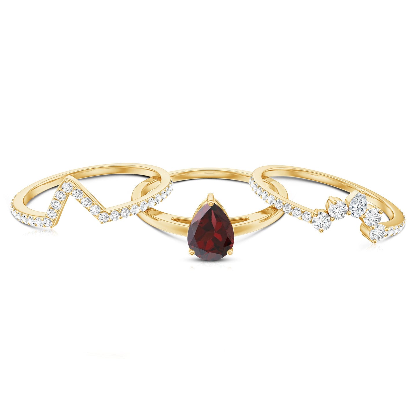 Natural 0.8 Carat Pear Shaped Garnet Diamond 3 Piece Bridal Ring Set