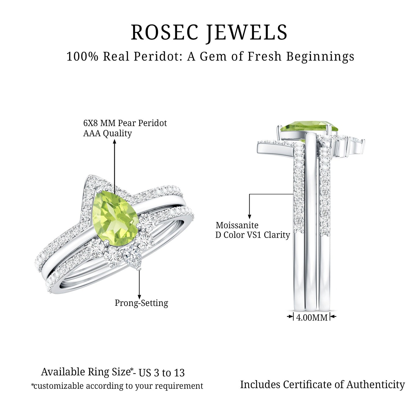 Certified Real 1 Carat Peridot Trio Wedding Ring Set with Moissanite