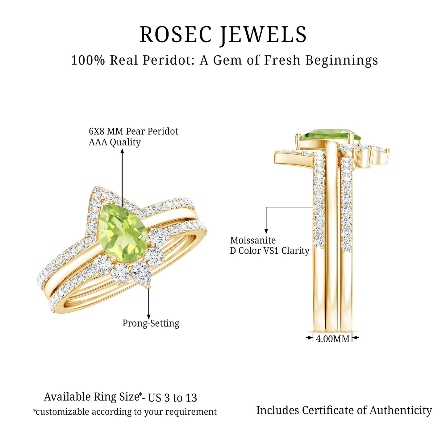 Certified Real 1 Carat Peridot Trio Wedding Ring Set with Moissanite
