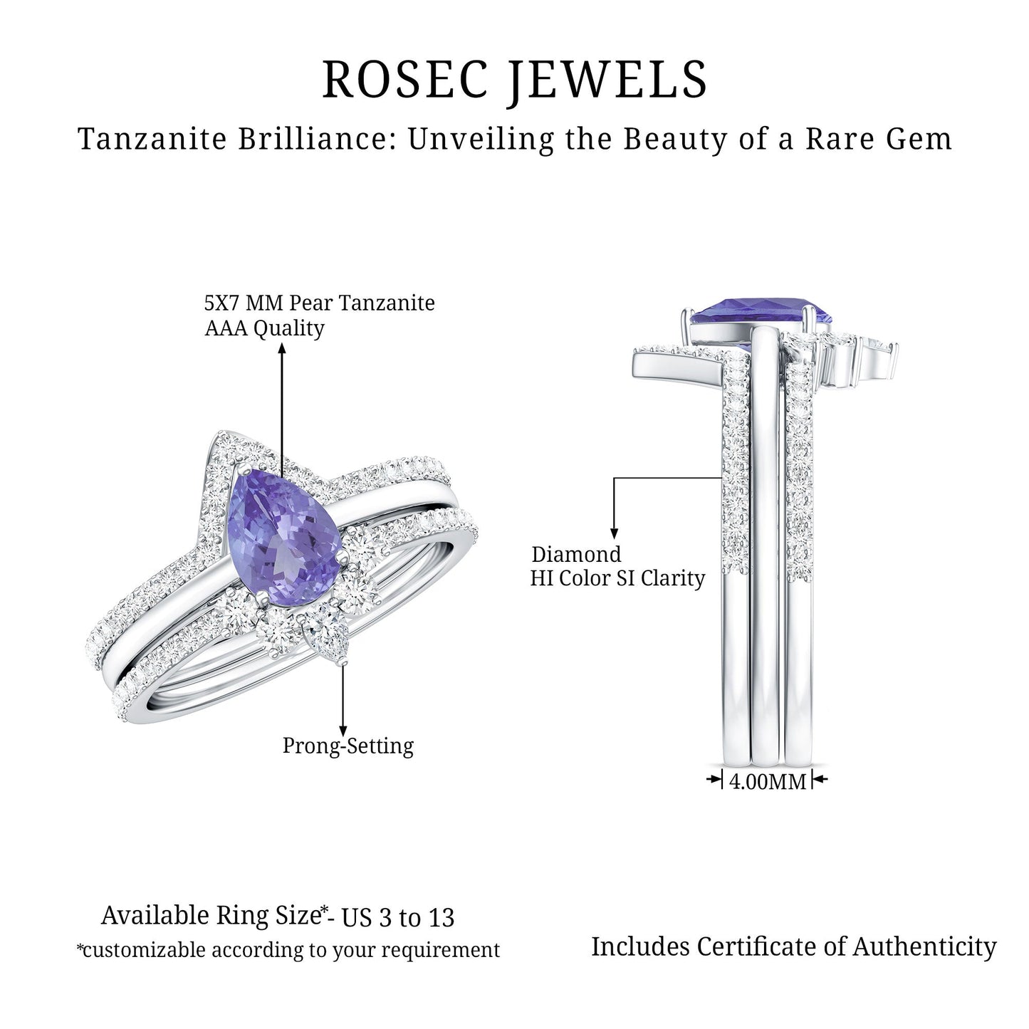 0.8 Carat Natural Tanzanite Diamond 3 Piece Wedding Ring Set