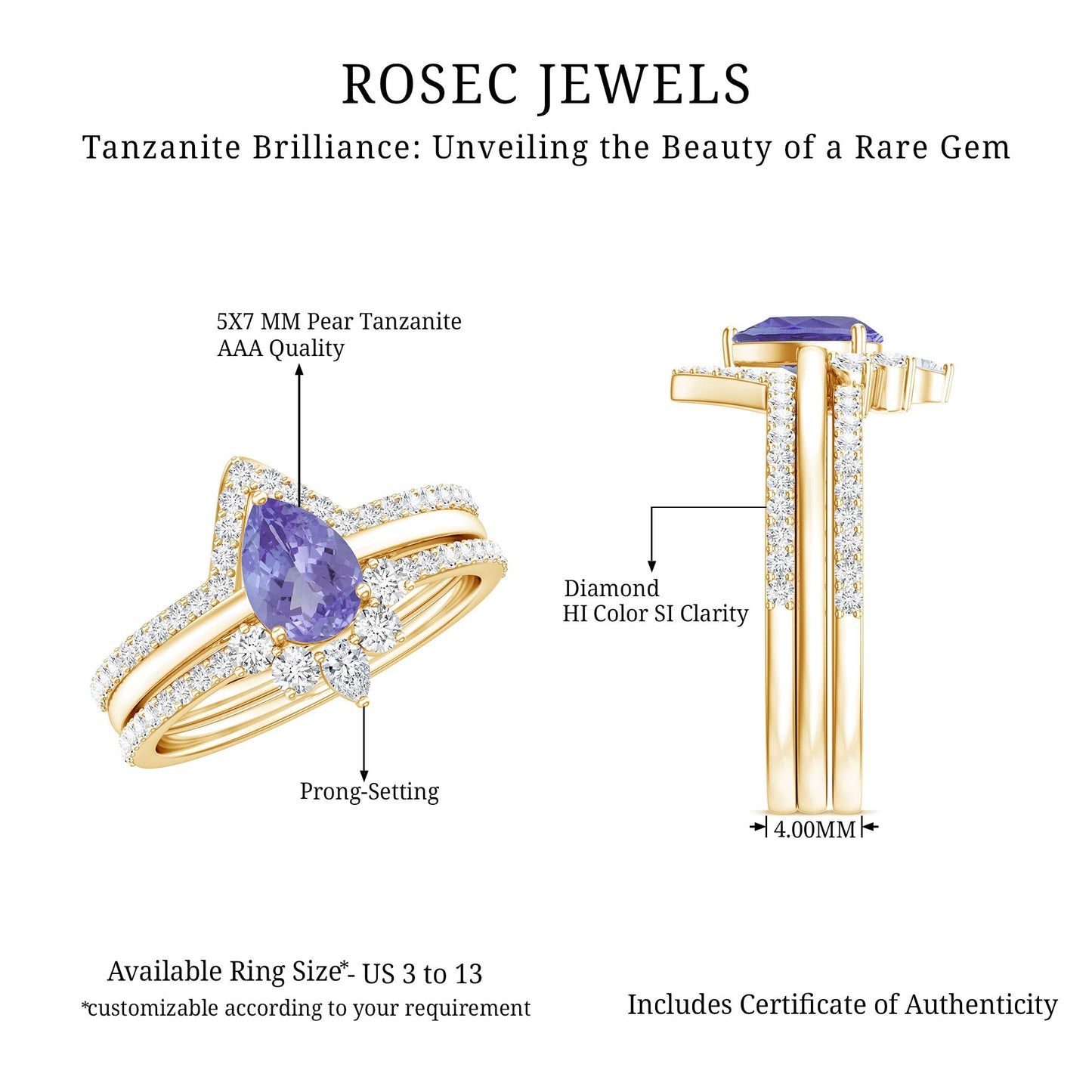 0.8 Carat Natural Tanzanite Diamond 3 Piece Wedding Ring Set