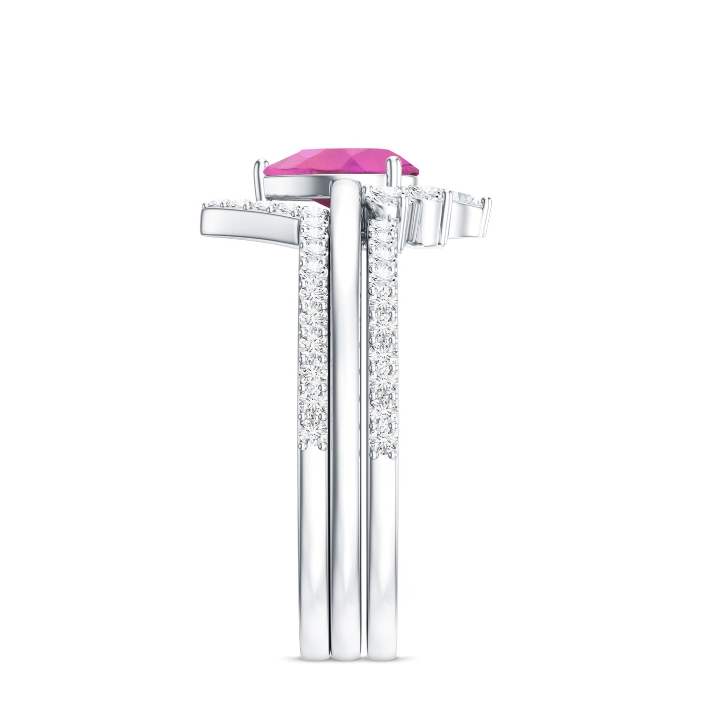 Pear Cut Pink Tourmaline Trio Wedding Ring Set with Moissanite