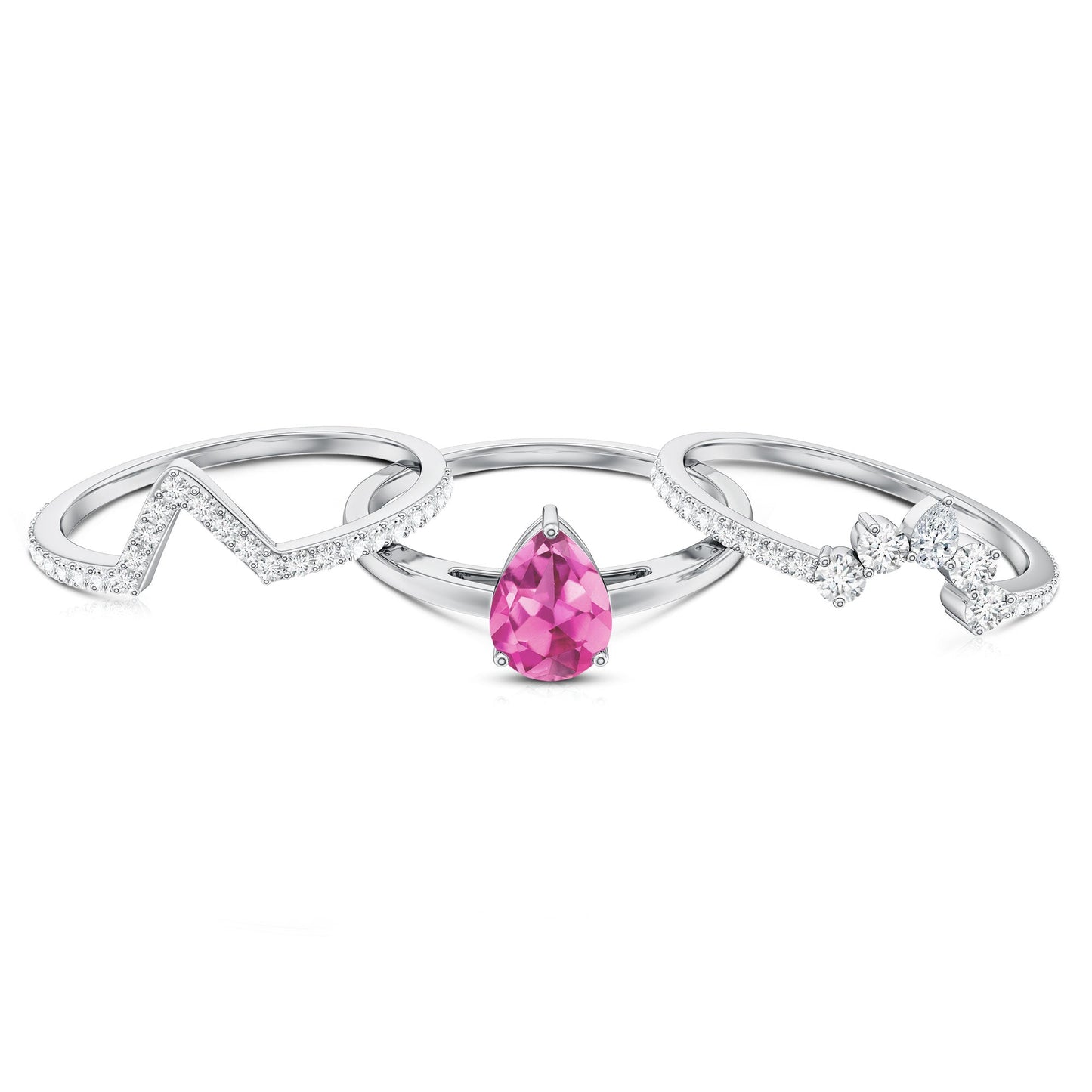 Pear Cut Pink Tourmaline Trio Wedding Ring Set with Moissanite