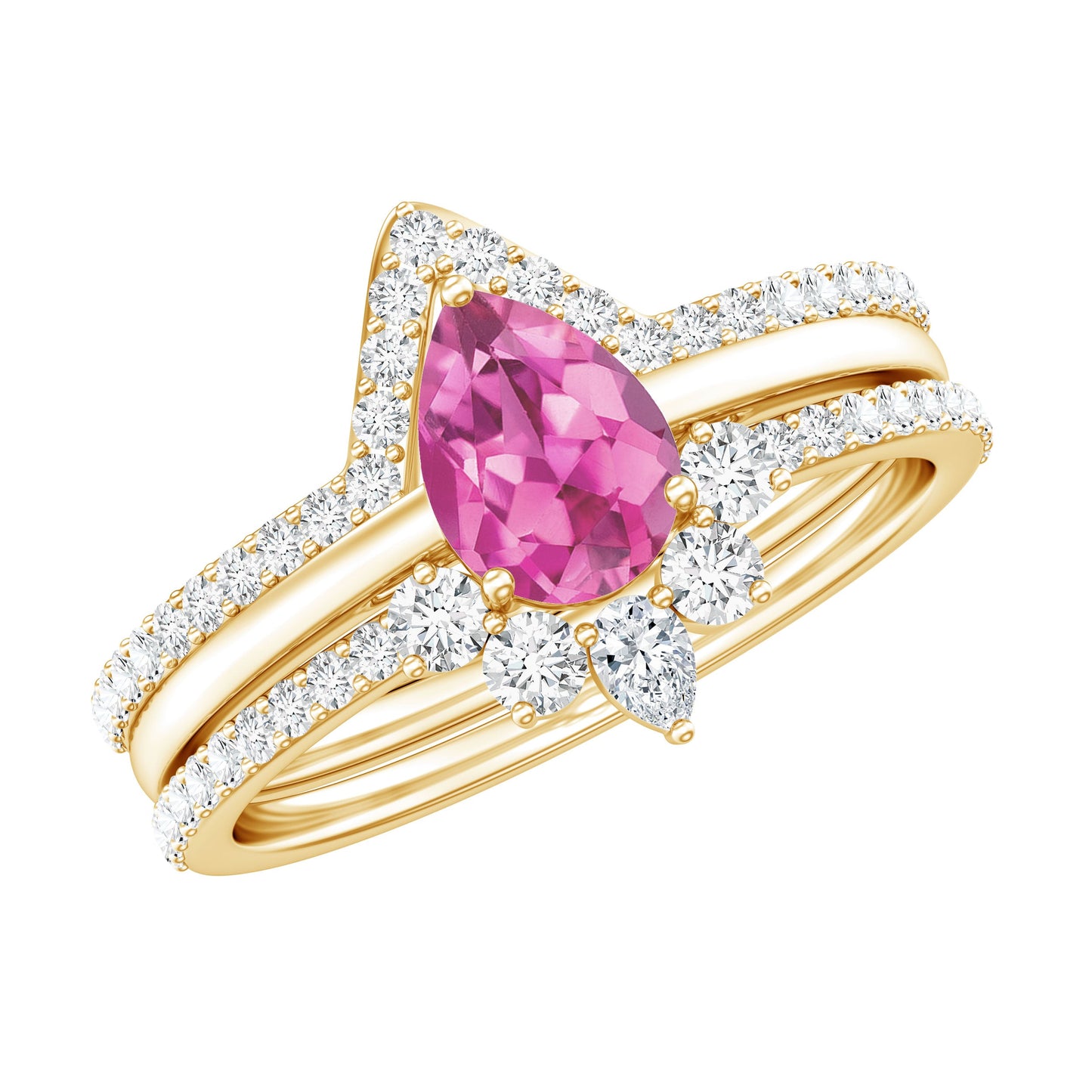 Pear Cut Pink Tourmaline Trio Wedding Ring Set with Moissanite