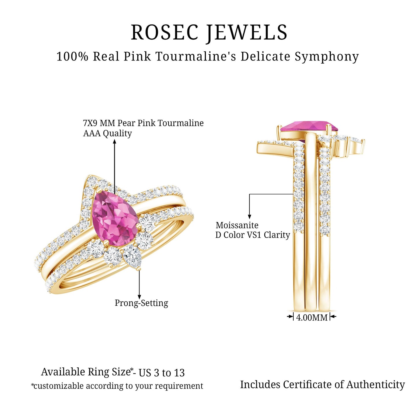 Pear Cut Pink Tourmaline Trio Wedding Ring Set with Moissanite