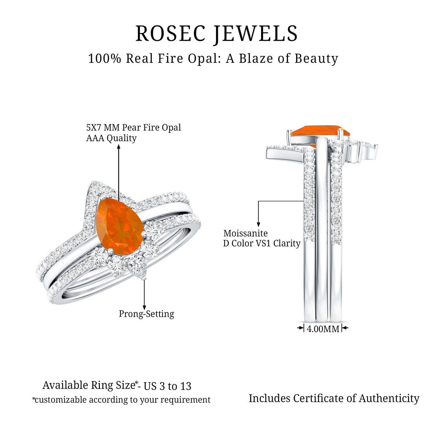 Pear Cut Fire Opal Trio Wedding Ring Set with Moissanite