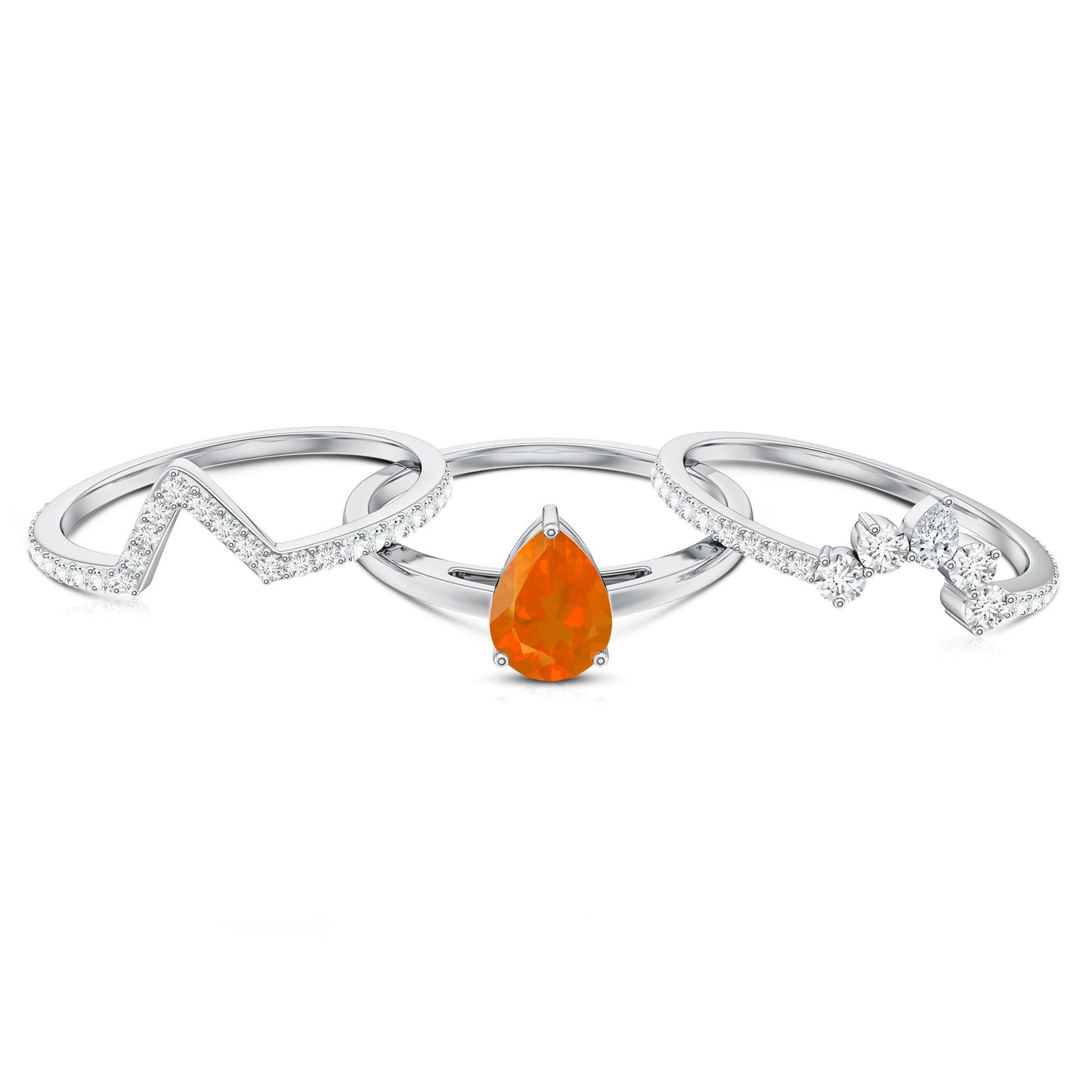 Pear Cut Fire Opal Trio Wedding Ring Set with Moissanite