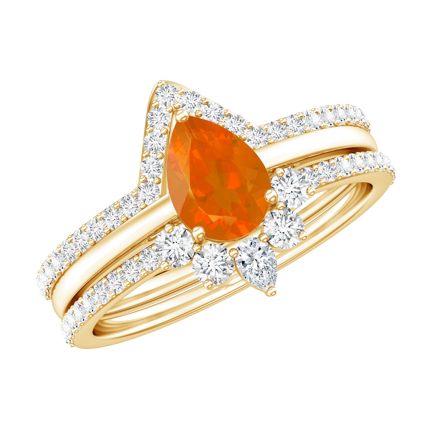 Pear Cut Fire Opal Trio Wedding Ring Set with Moissanite