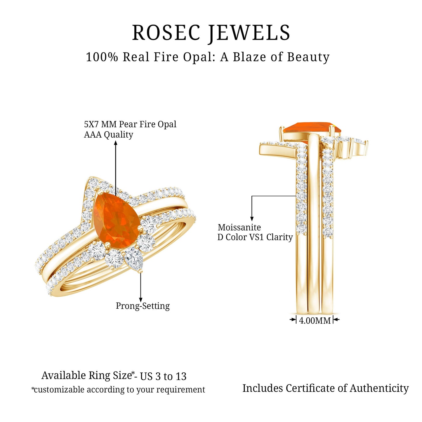 Pear Cut Fire Opal Trio Wedding Ring Set with Moissanite