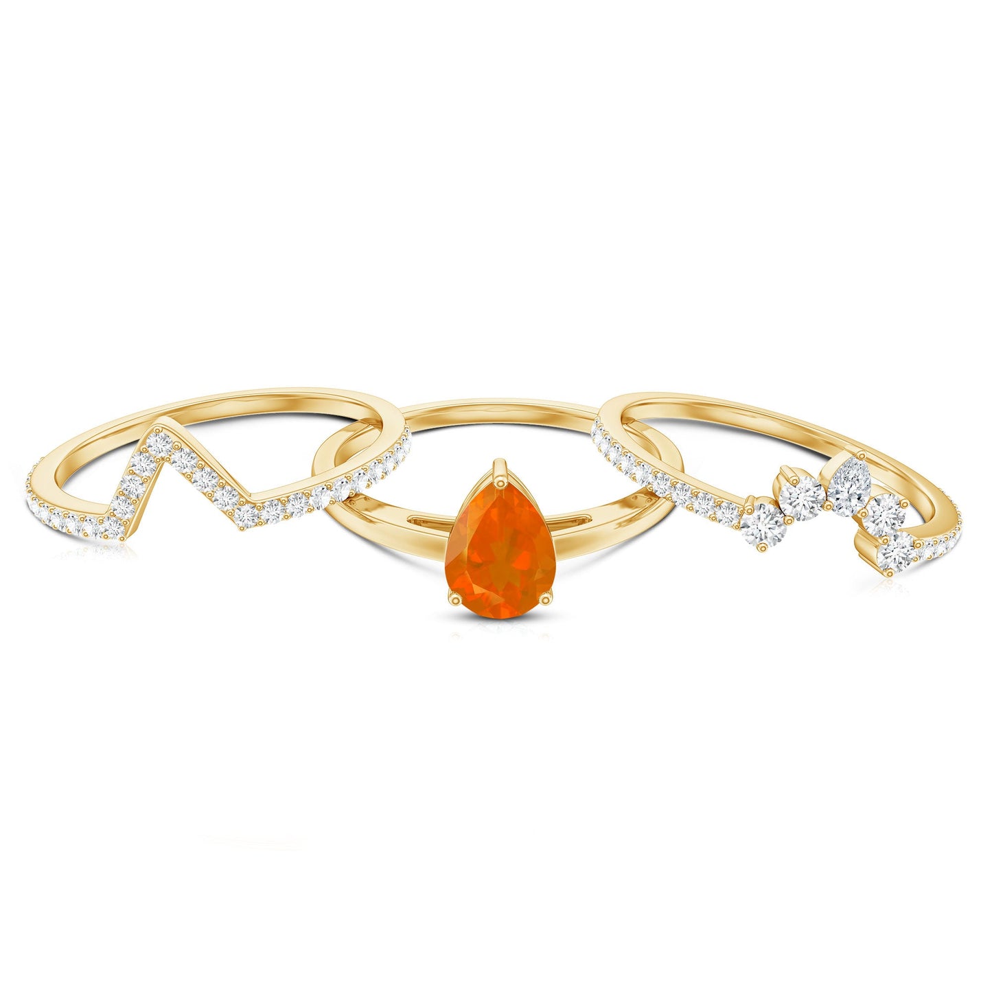 Pear Cut Fire Opal Trio Wedding Ring Set with Moissanite