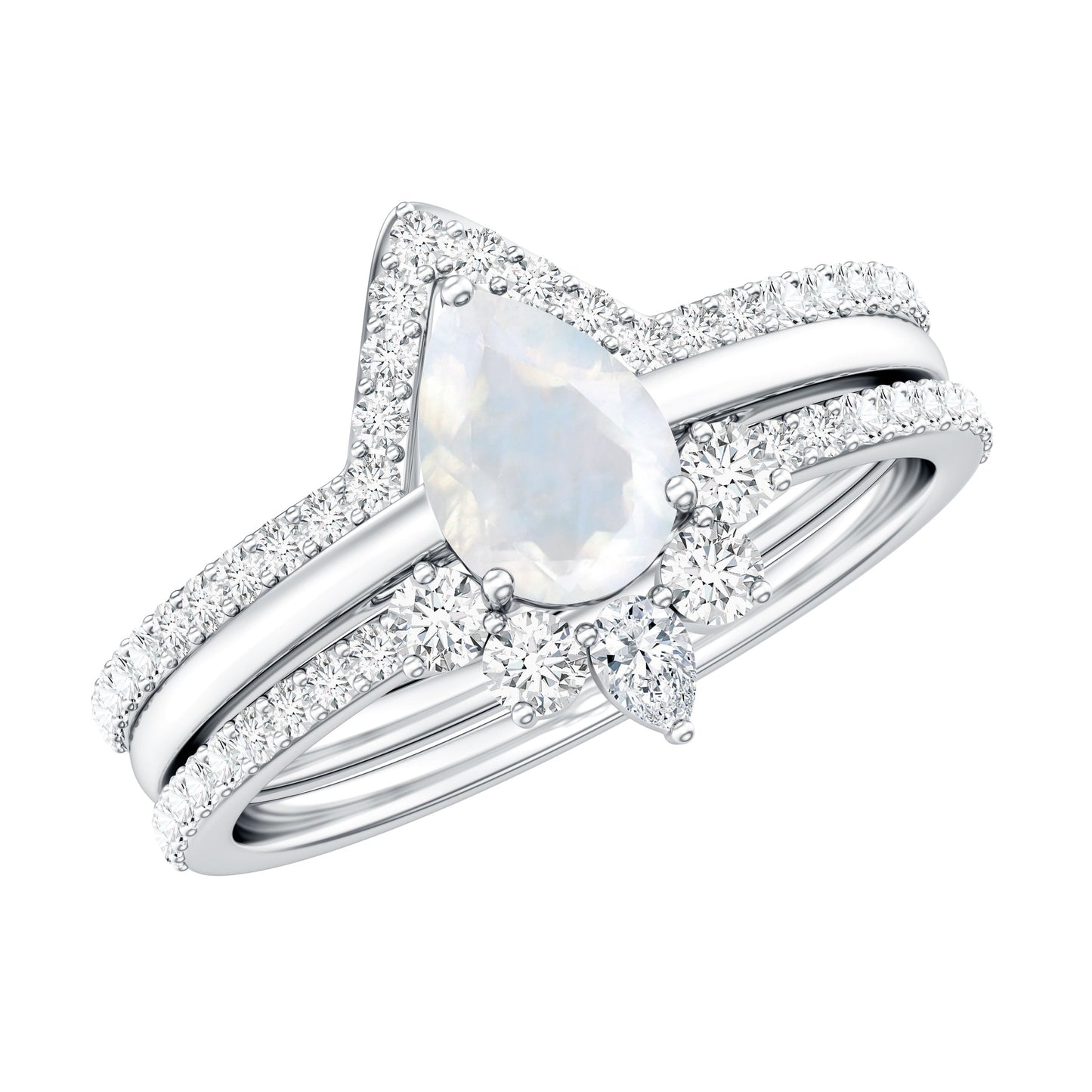 Pear Cut Moonstone Trio Wedding Ring Set with Moissanite
