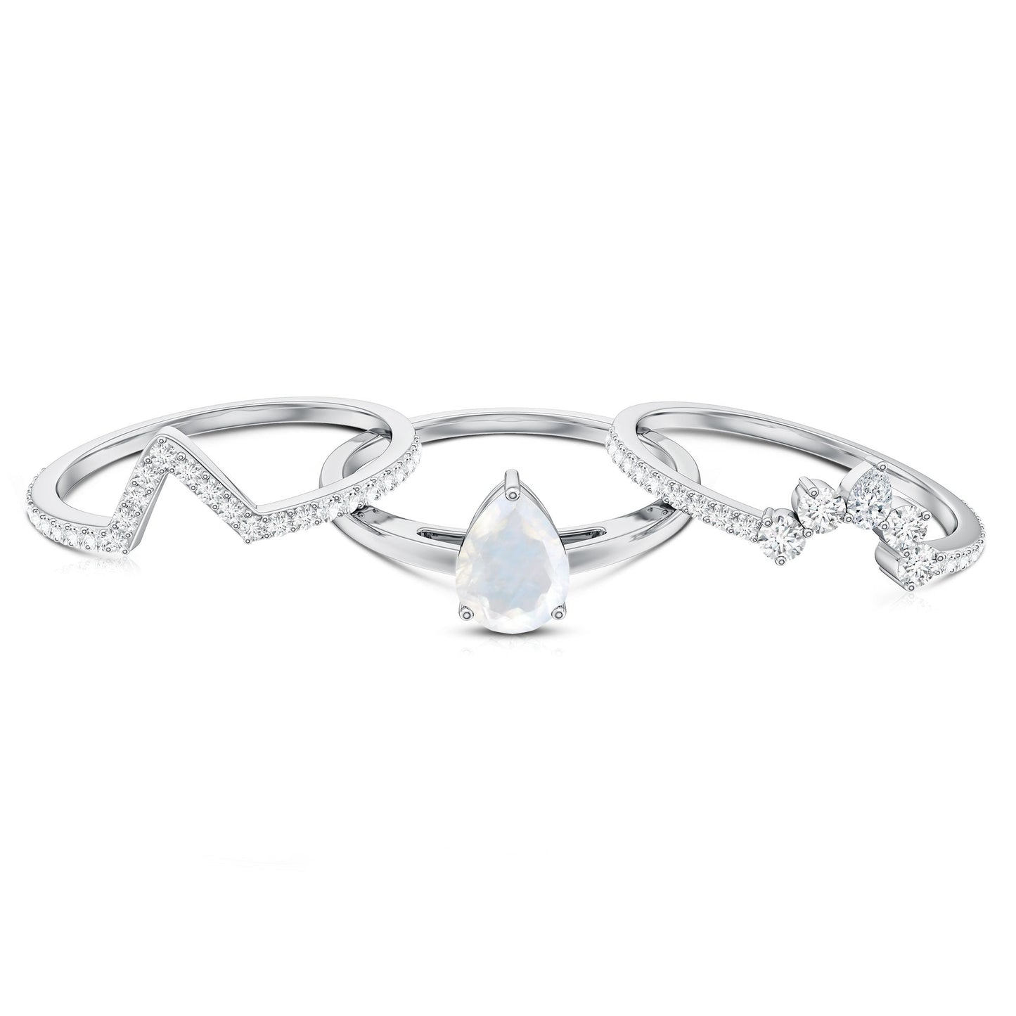 Pear Cut Moonstone Trio Wedding Ring Set with Moissanite