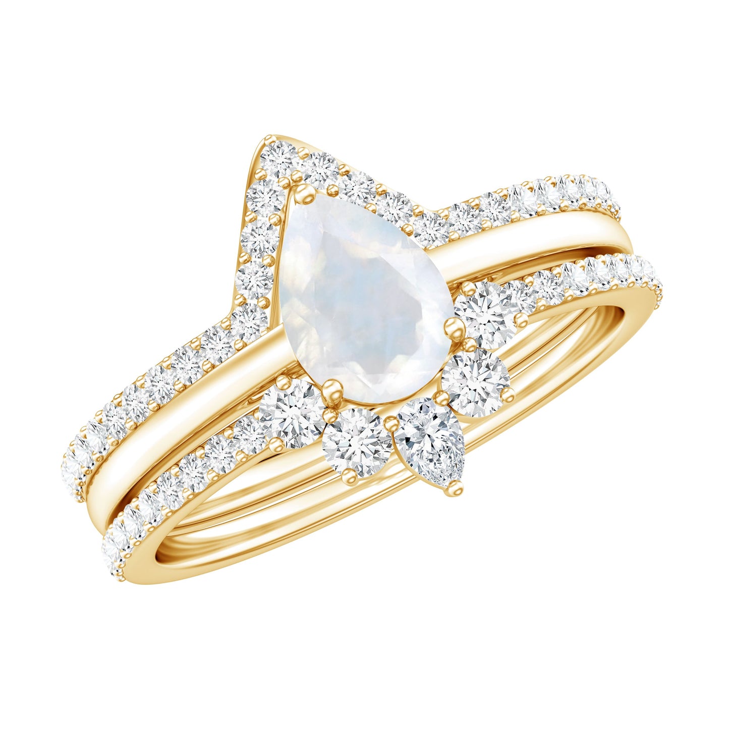 Pear Cut Moonstone Trio Wedding Ring Set with Moissanite