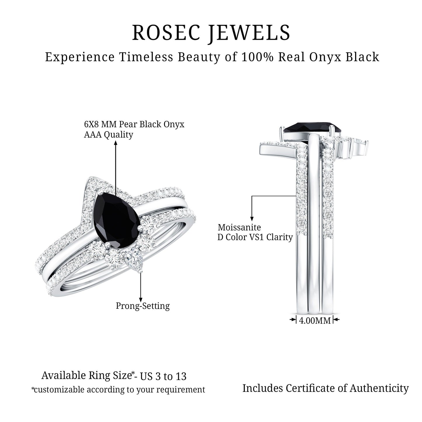 1 Carat Pear Shaped Black Onyx Engagement Ring With Ring Guards
