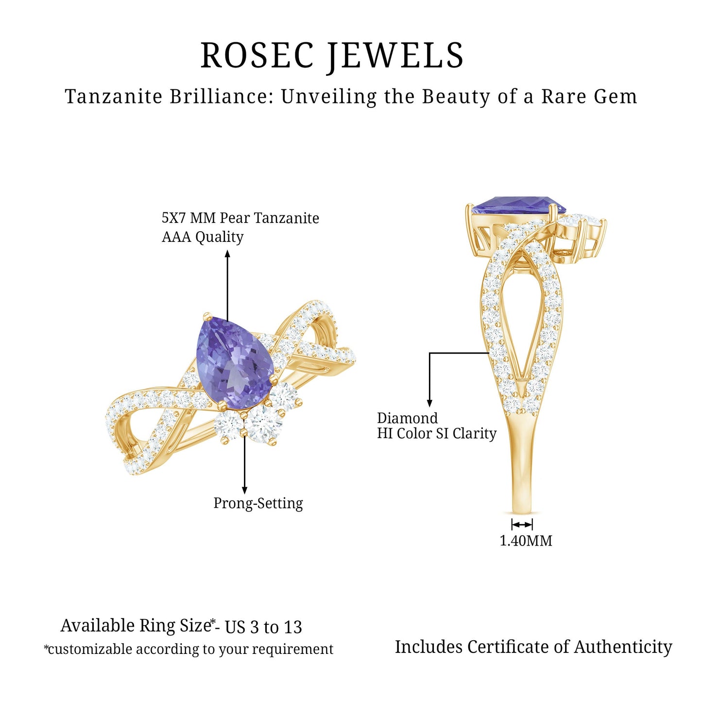 Certified Real Tanzanite Engagement Ring with Diamond Crossover Shank