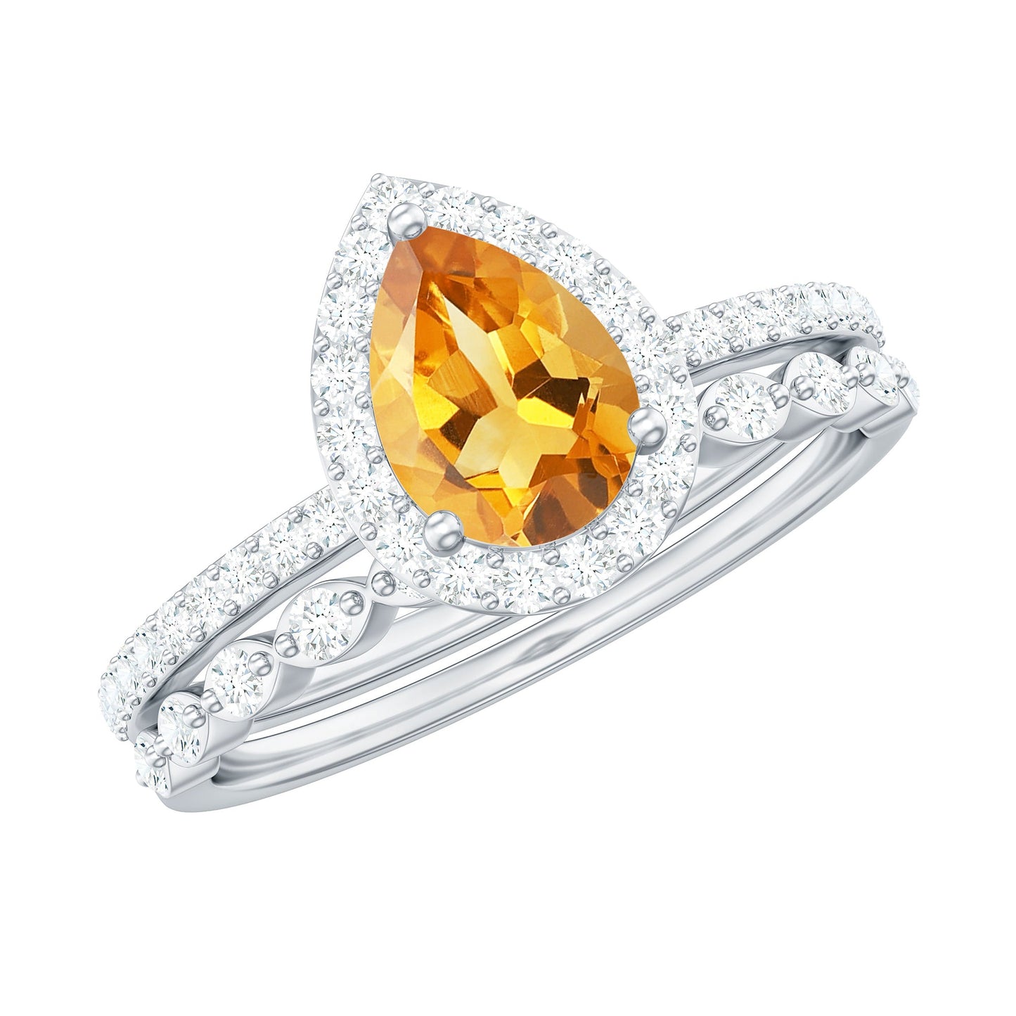 Real 0.6 Carat Citrine Teardrop Bridal Ring Set with Diamond