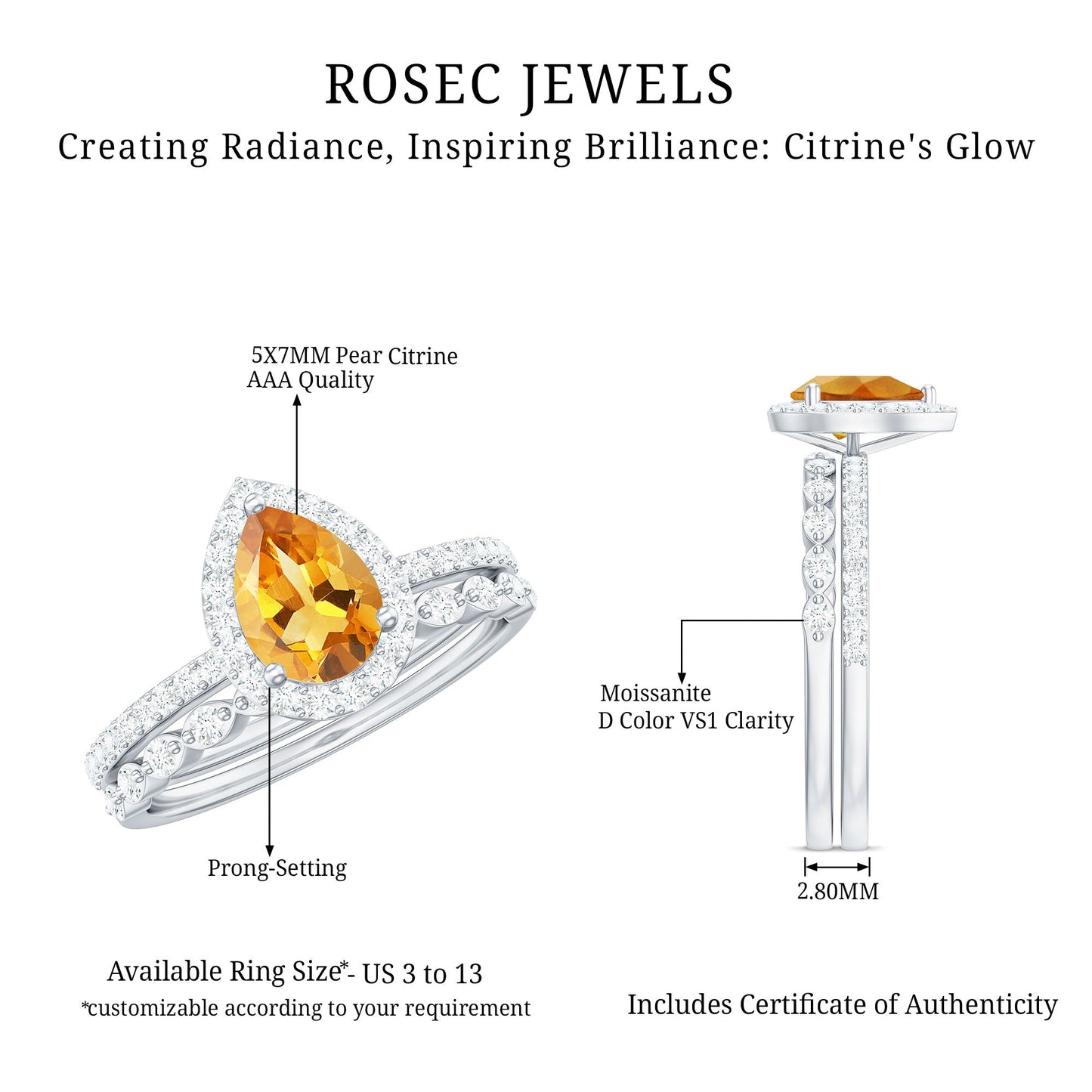 Real 0.6 Carat Citrine Teardrop Bridal Ring Set with Diamond