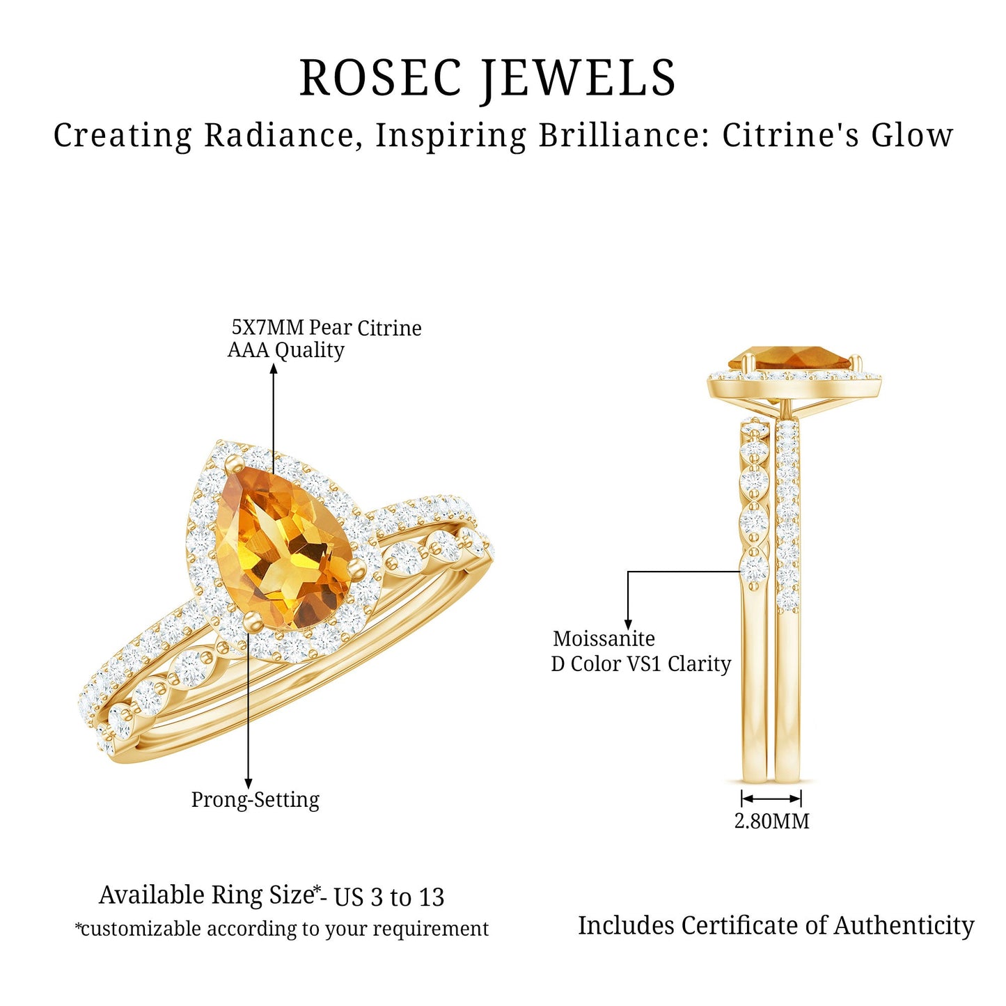 Real 0.6 Carat Citrine Teardrop Bridal Ring Set with Diamond