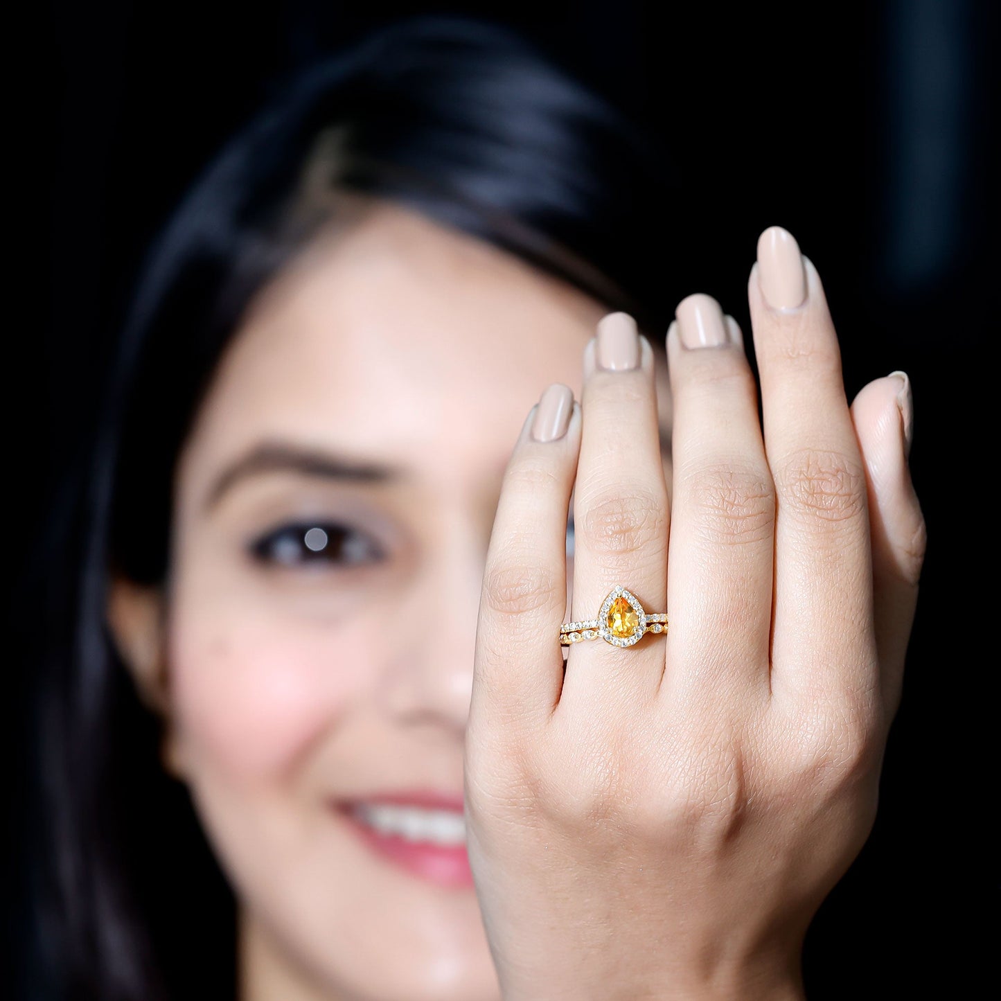 Real 0.6 Carat Citrine Teardrop Bridal Ring Set with Diamond