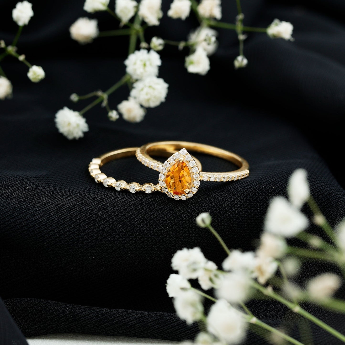 Real 0.6 Carat Citrine Teardrop Bridal Ring Set with Diamond