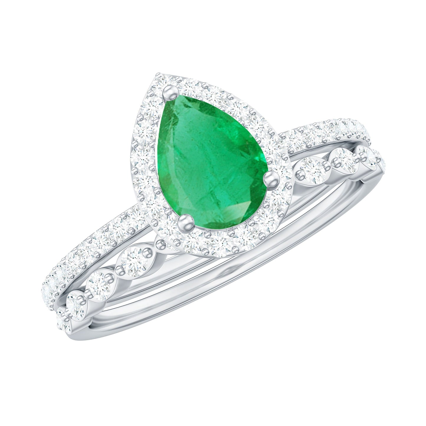 Natural Emerald Diamond Teardrop Engagement Ring and Wedding Band Set