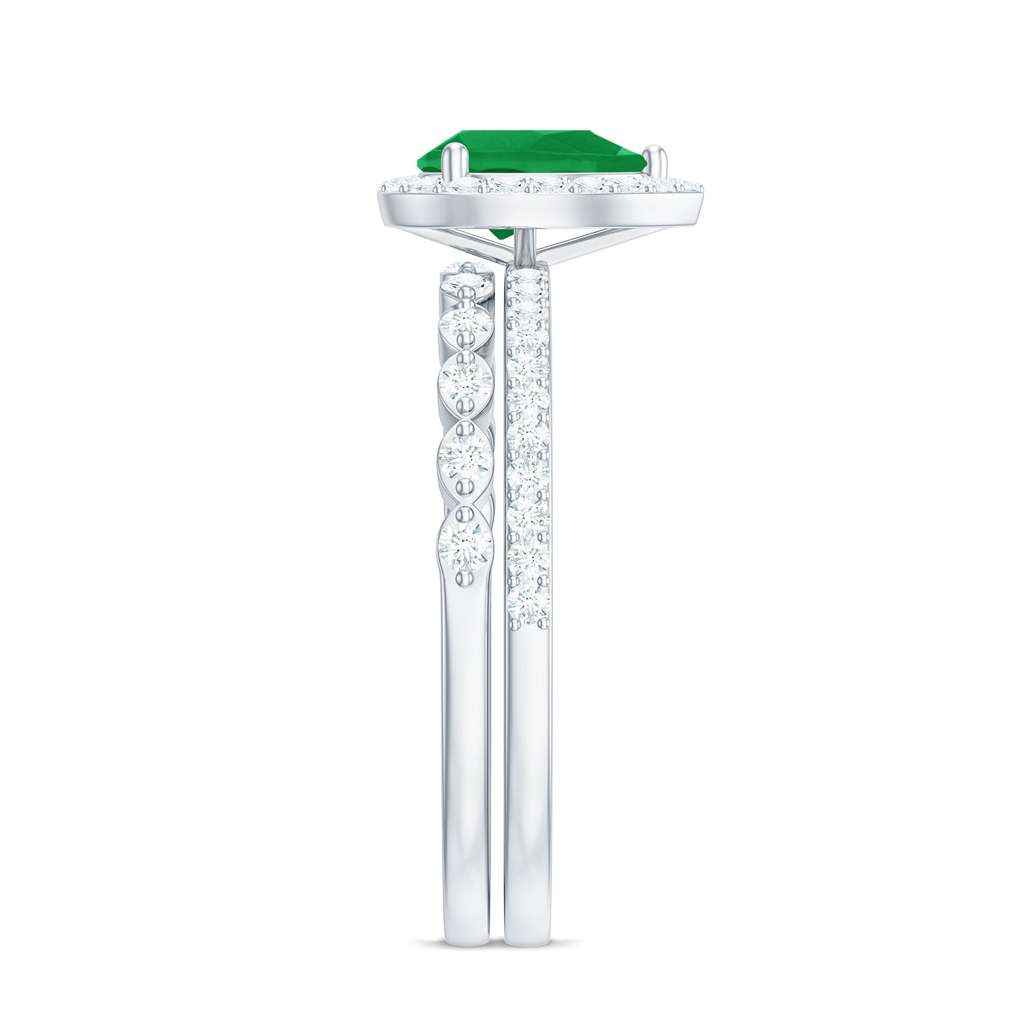 Natural Emerald Diamond Teardrop Engagement Ring and Wedding Band Set