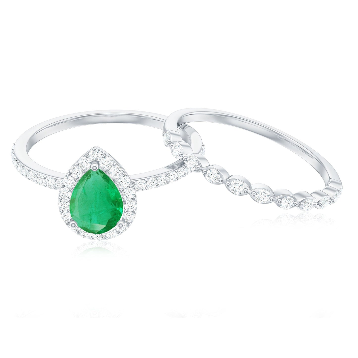 Natural Emerald Diamond Teardrop Engagement Ring and Wedding Band Set