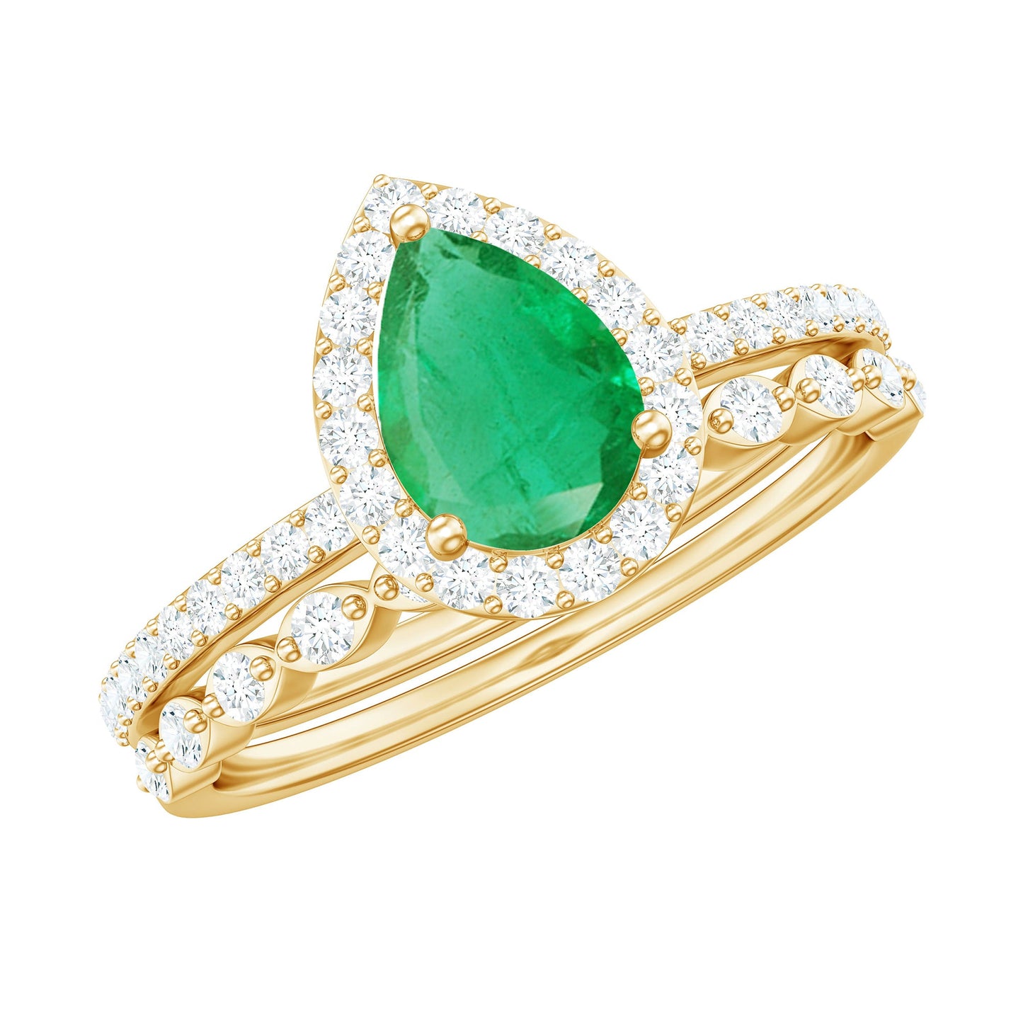 Natural Emerald Diamond Teardrop Engagement Ring and Wedding Band Set