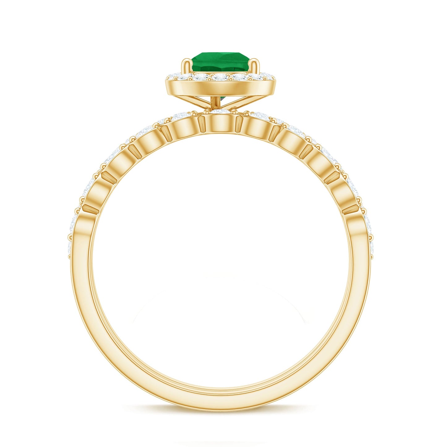 Natural Emerald Diamond Teardrop Engagement Ring and Wedding Band Set