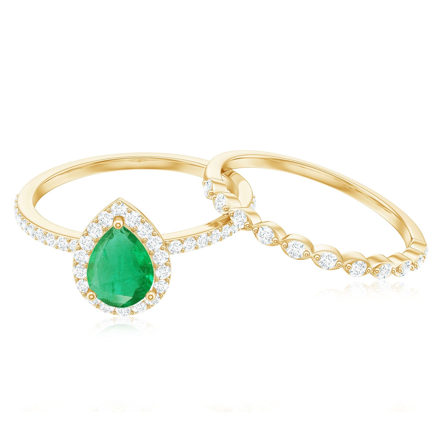 Natural Emerald Diamond Teardrop Engagement Ring and Wedding Band Set