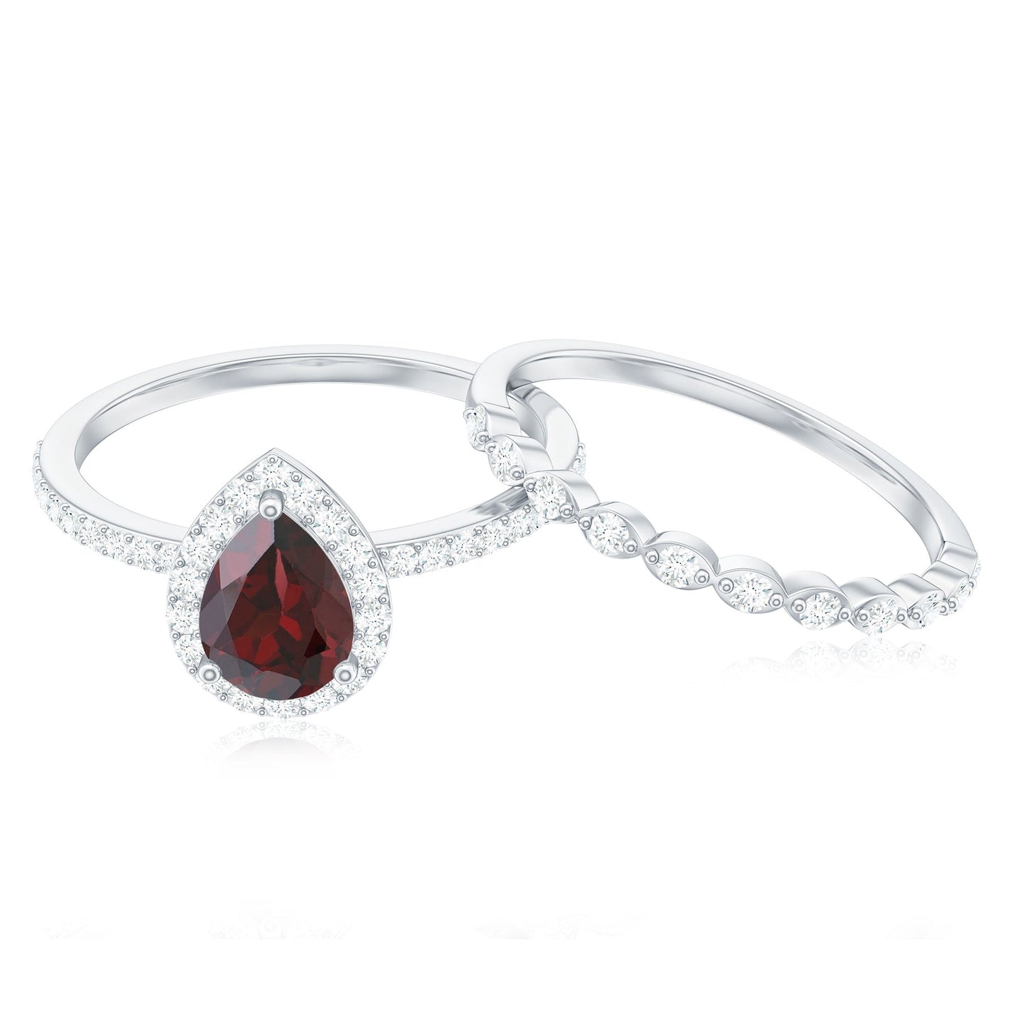 Natural 0.8 Carat Pear Shape Garnet Wedding Engagement Ring Set of 2