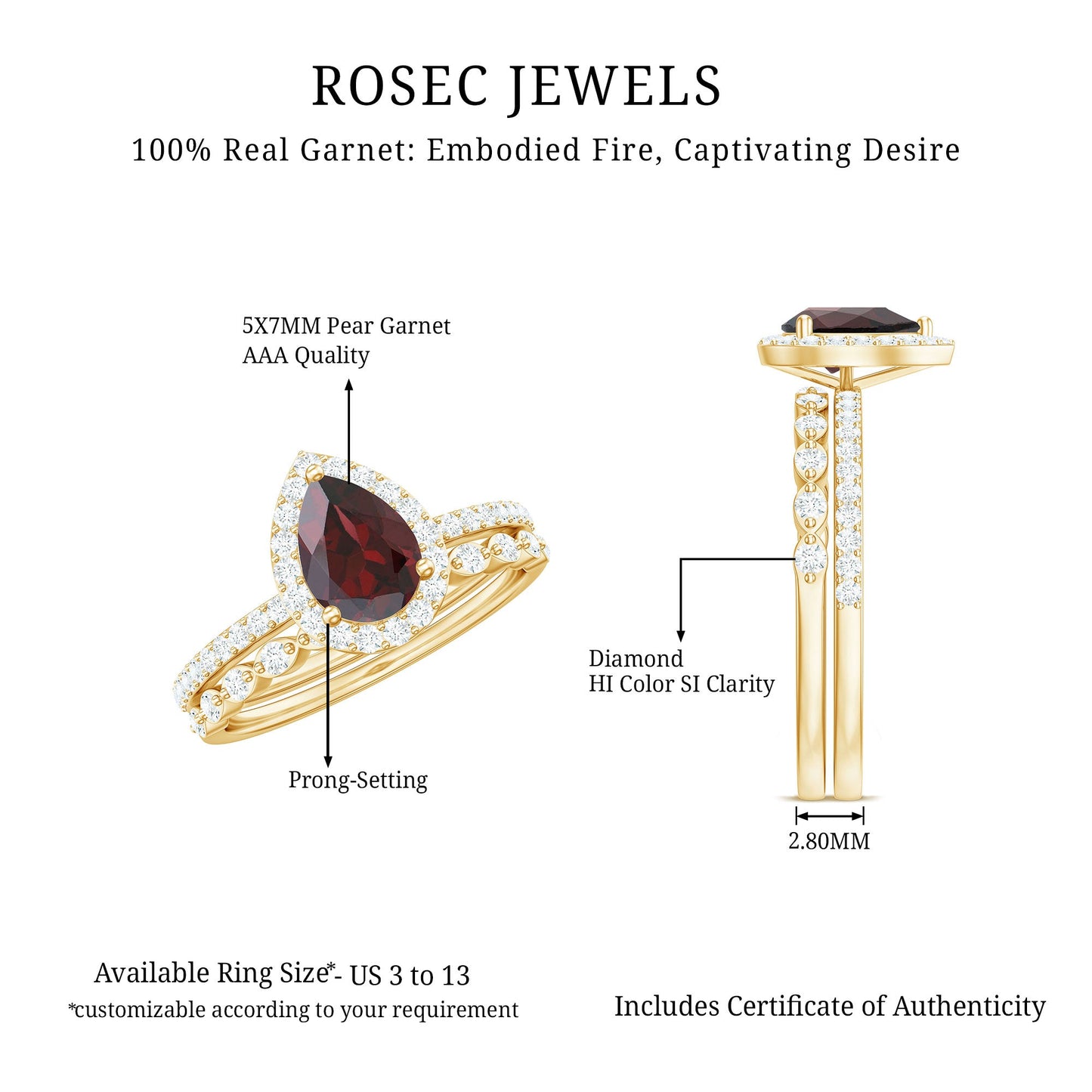 Natural 0.8 Carat Pear Shape Garnet Wedding Engagement Ring Set of 2