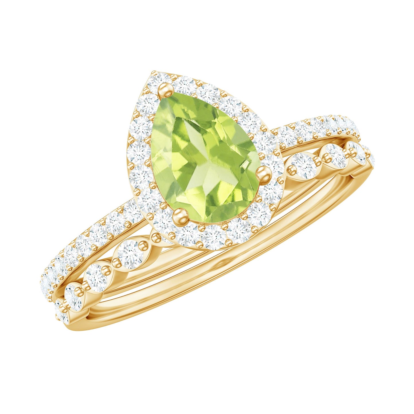 Natural 1 Carat Pear Shape Peridot Wedding Bridal Ring Set with Diamond