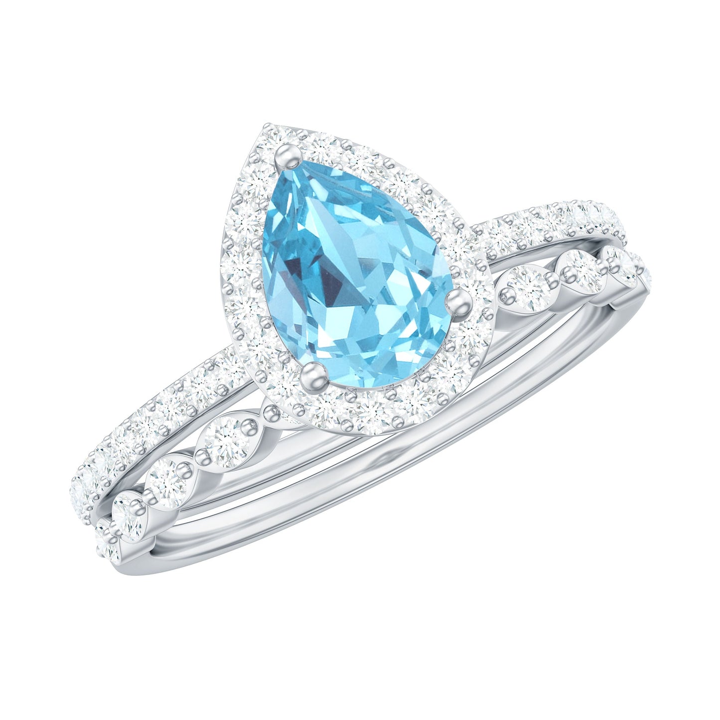 Genuine 1 Carat Aquamarine Bridal Ring Set with Diamond