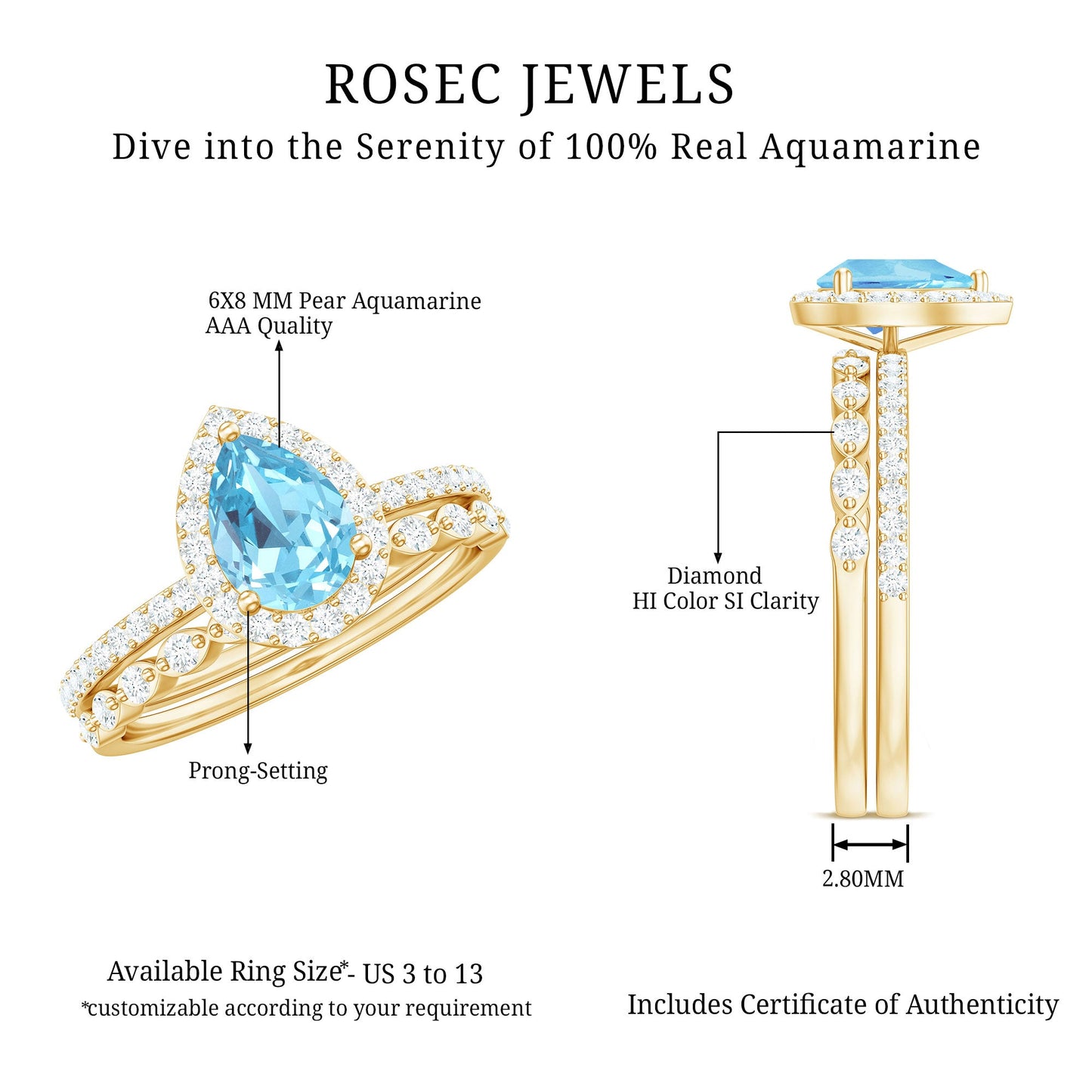 Genuine 1 Carat Aquamarine Bridal Ring Set with Diamond