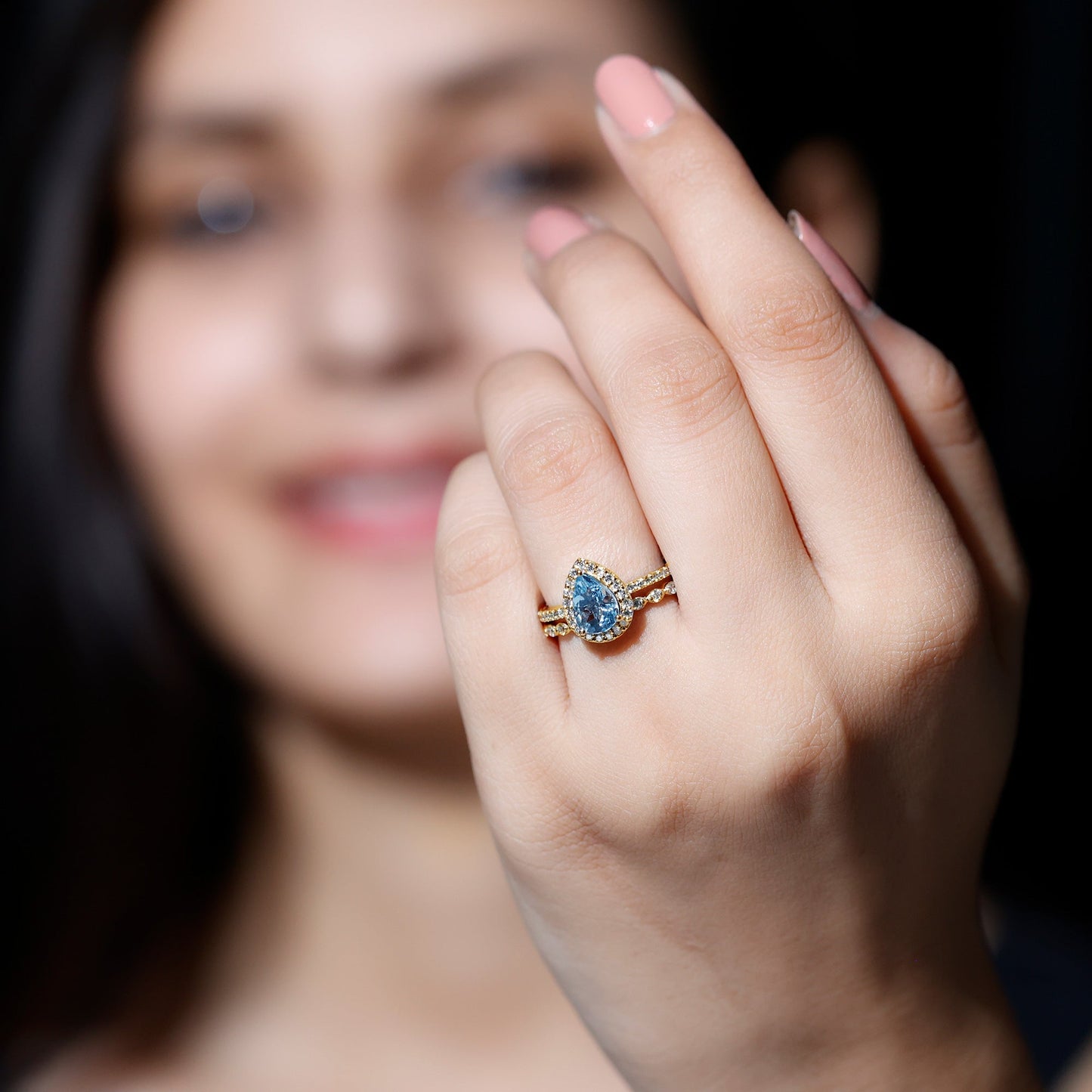 Genuine 1 Carat Aquamarine Bridal Ring Set with Diamond