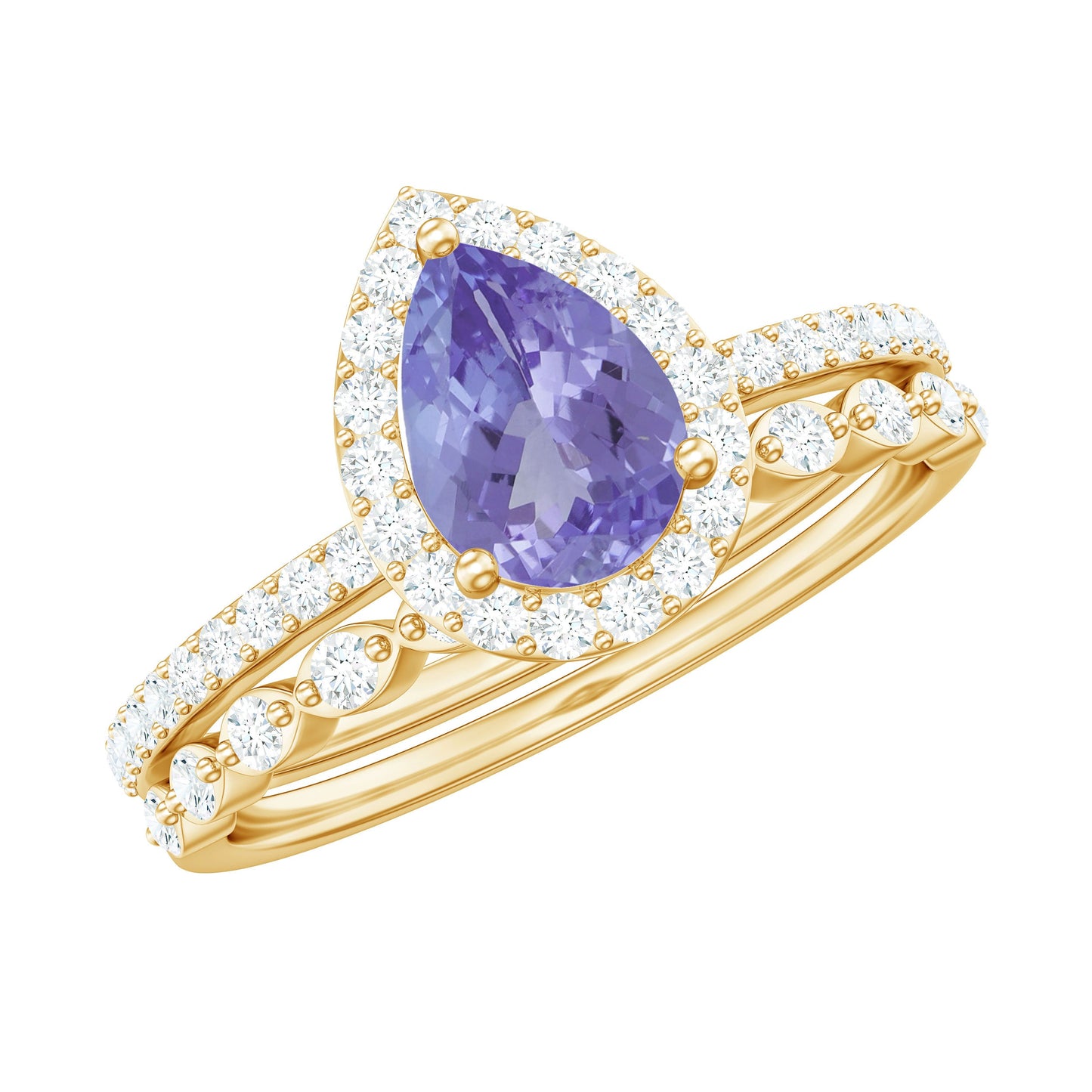 Natural 0.8 Carat Pear Shape Tanzanite Diamond Wedding Engagement Ring Set of 2
