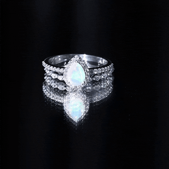 Natural Ethiopian Opal Diamond Pear Shaped Engagement Ring and Wedding Band Set