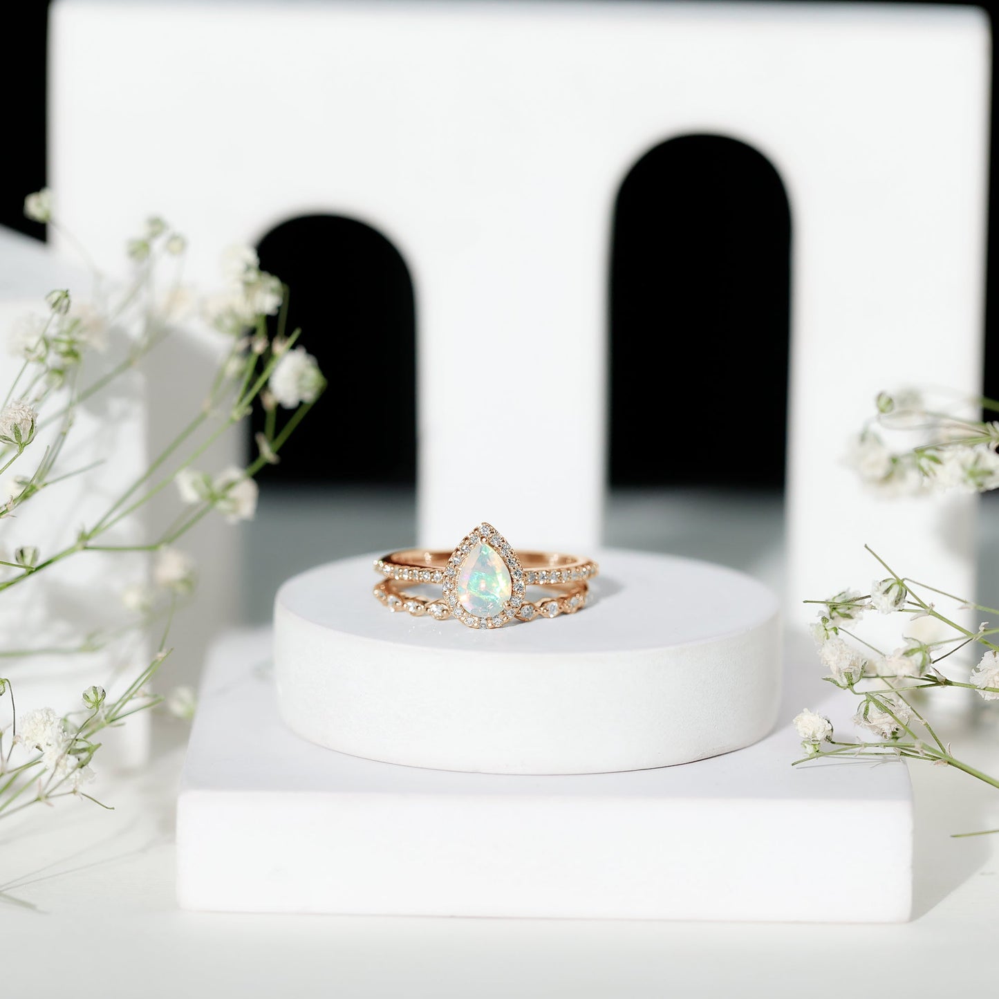 Natural Ethiopian Opal Diamond Pear Shaped Engagement Ring and Wedding Band Set