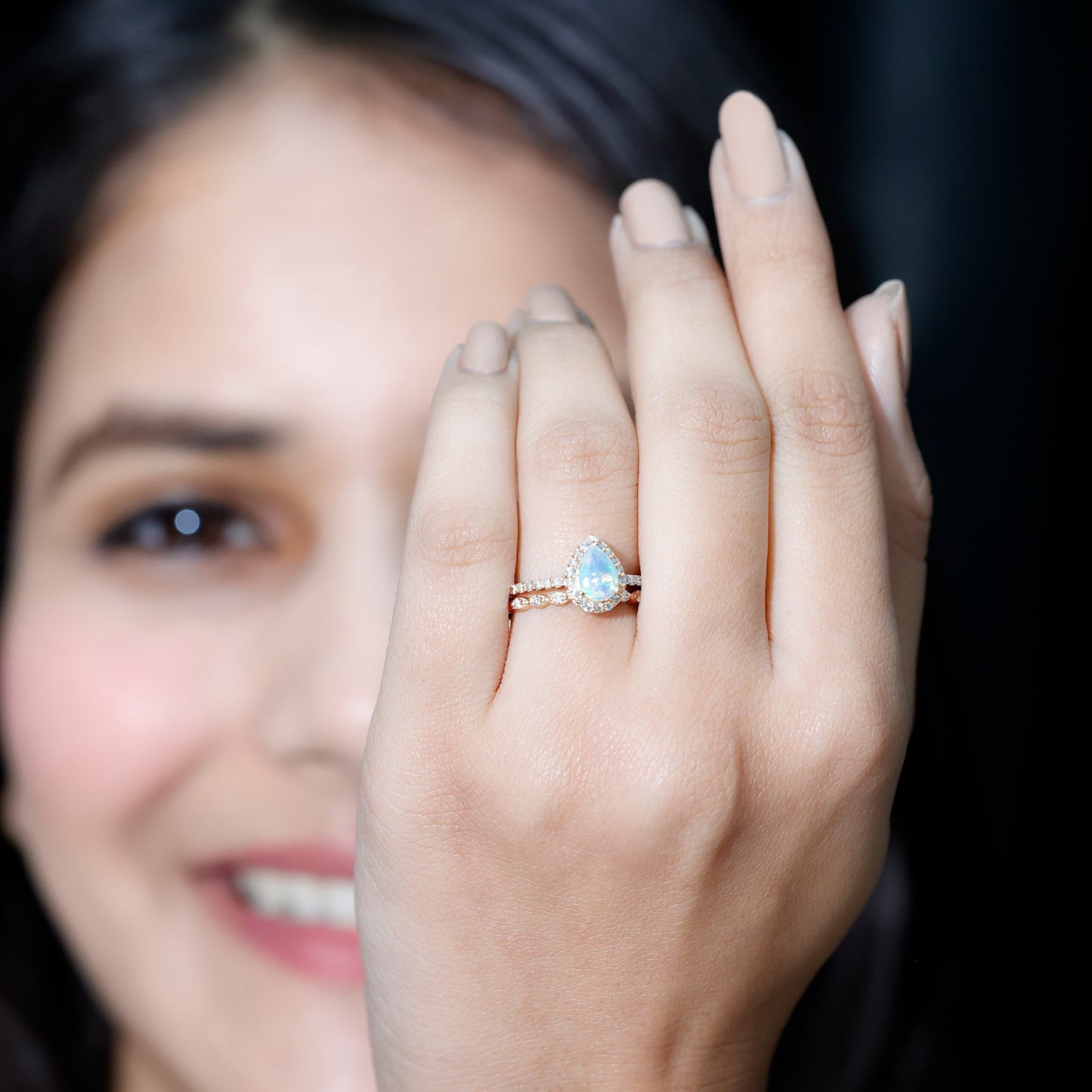Natural Ethiopian Opal Diamond Pear Shaped Engagement Ring and Wedding Band Set