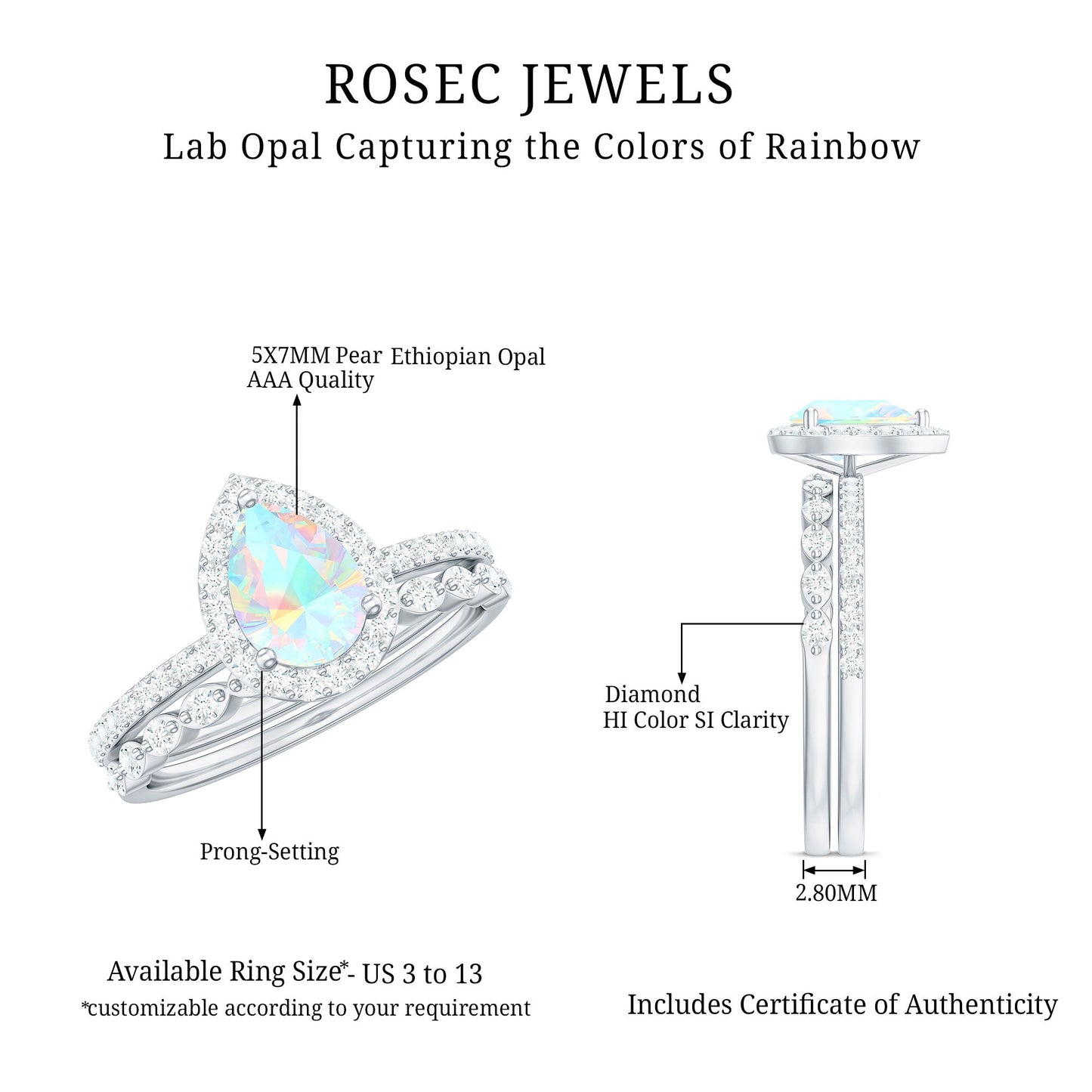 Natural Ethiopian Opal Diamond Pear Shaped Engagement Ring and Wedding Band Set