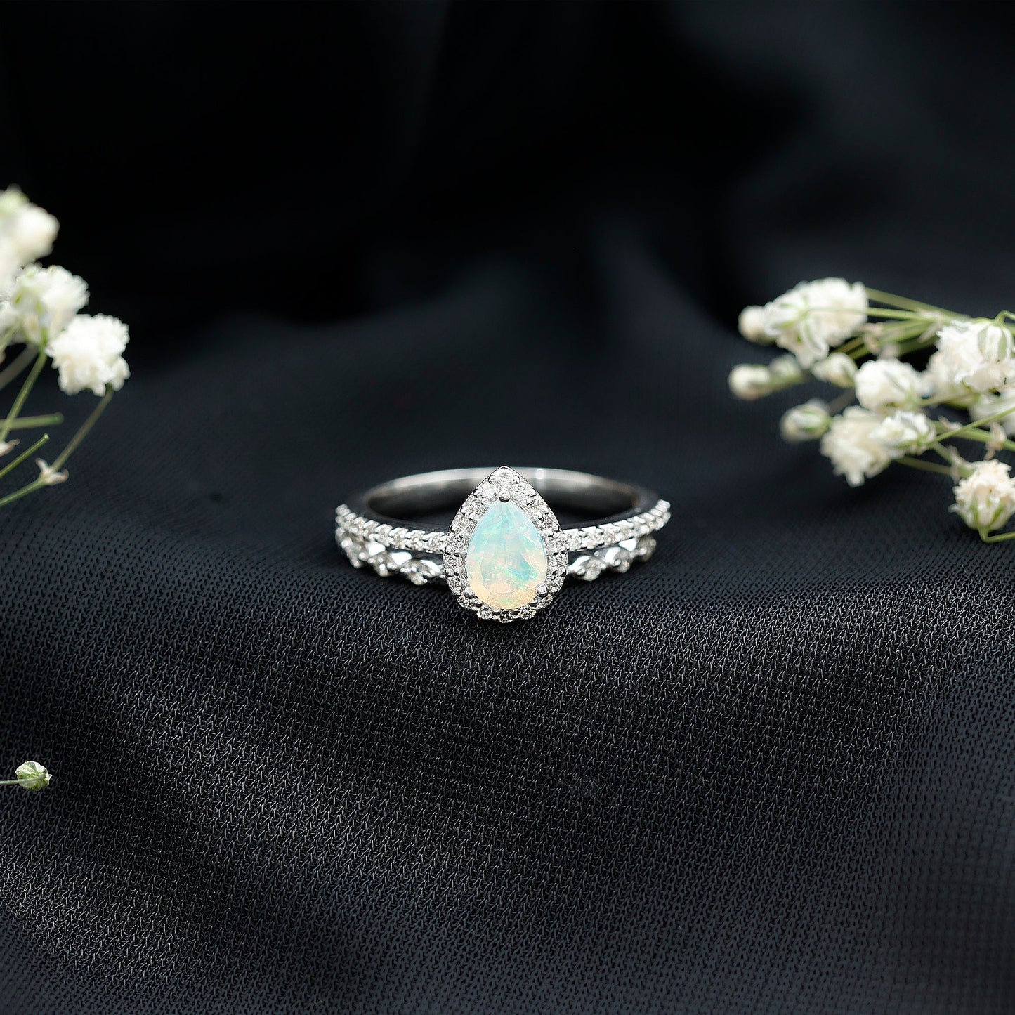 Natural Ethiopian Opal Diamond Pear Shaped Engagement Ring and Wedding Band Set