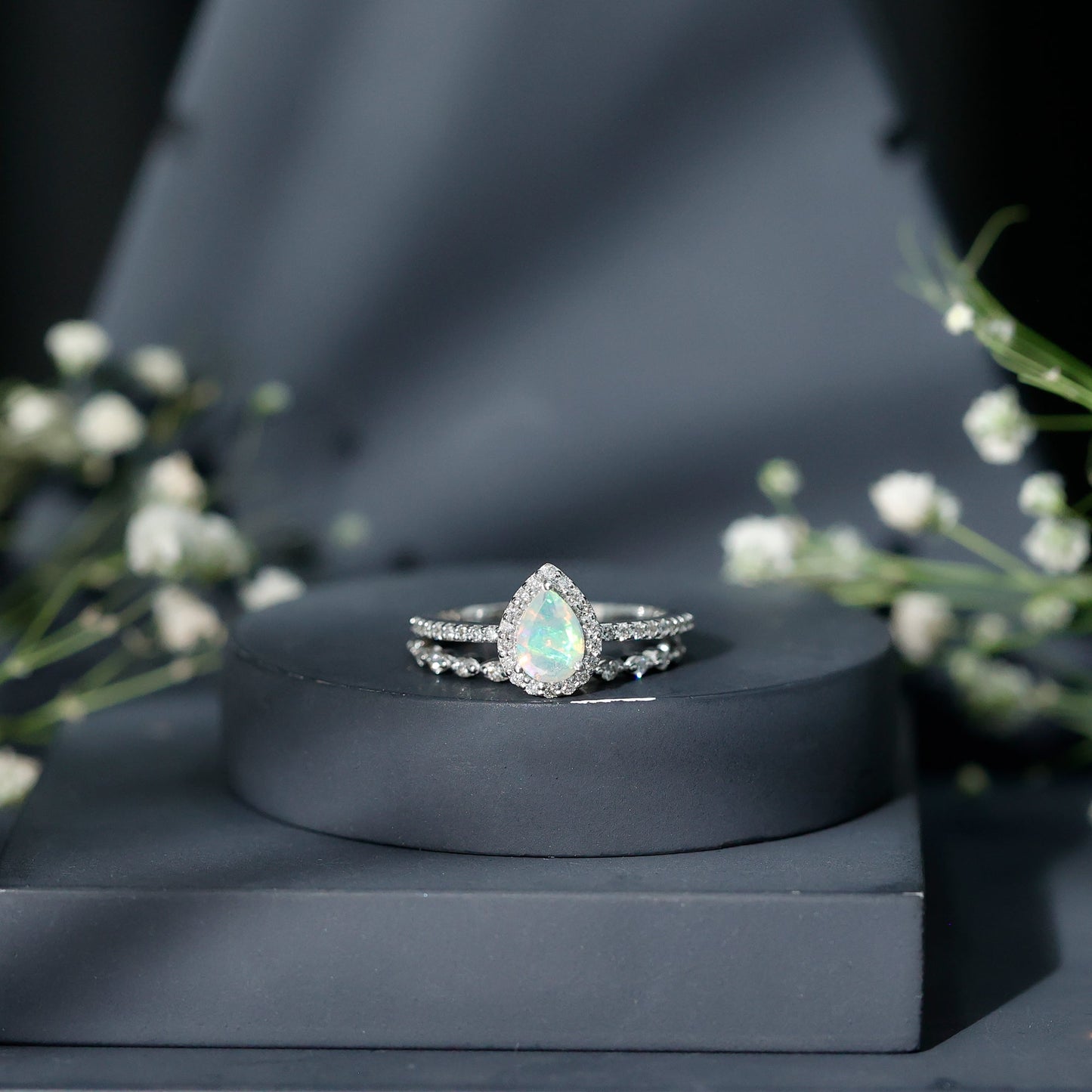 Natural Ethiopian Opal Diamond Pear Shaped Engagement Ring and Wedding Band Set