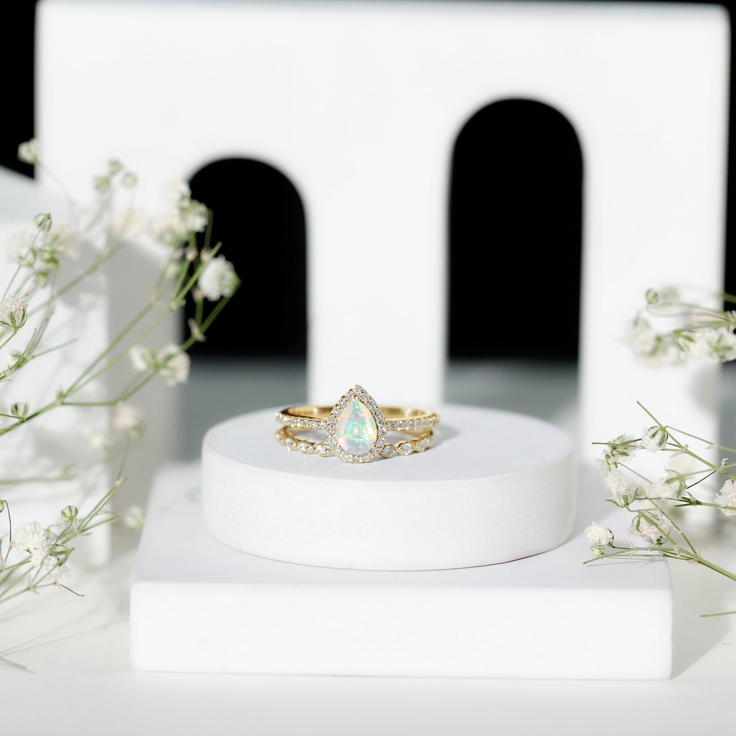 Natural Ethiopian Opal Diamond Pear Shaped Engagement Ring and Wedding Band Set