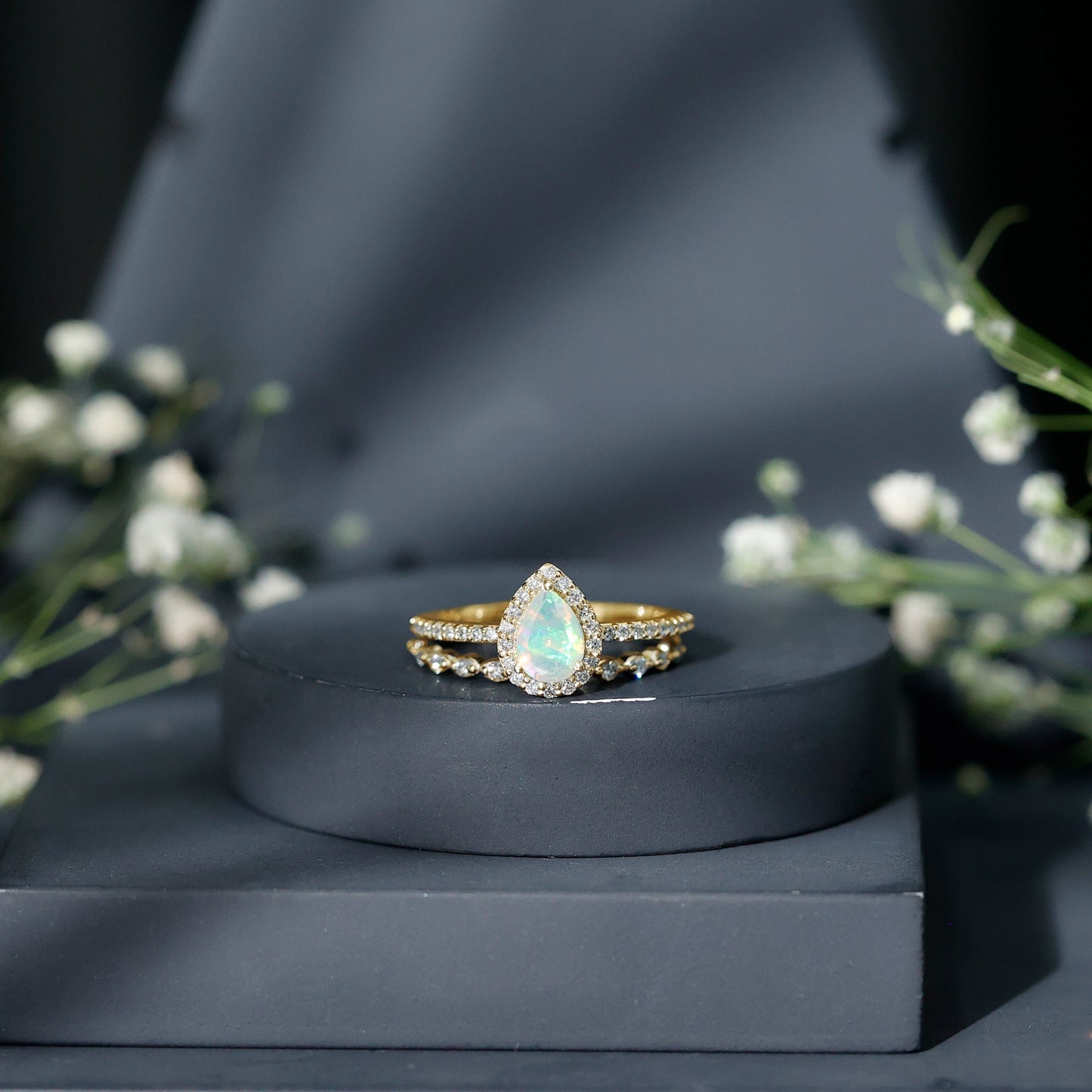 Natural Ethiopian Opal Diamond Pear Shaped Engagement Ring and Wedding Band Set