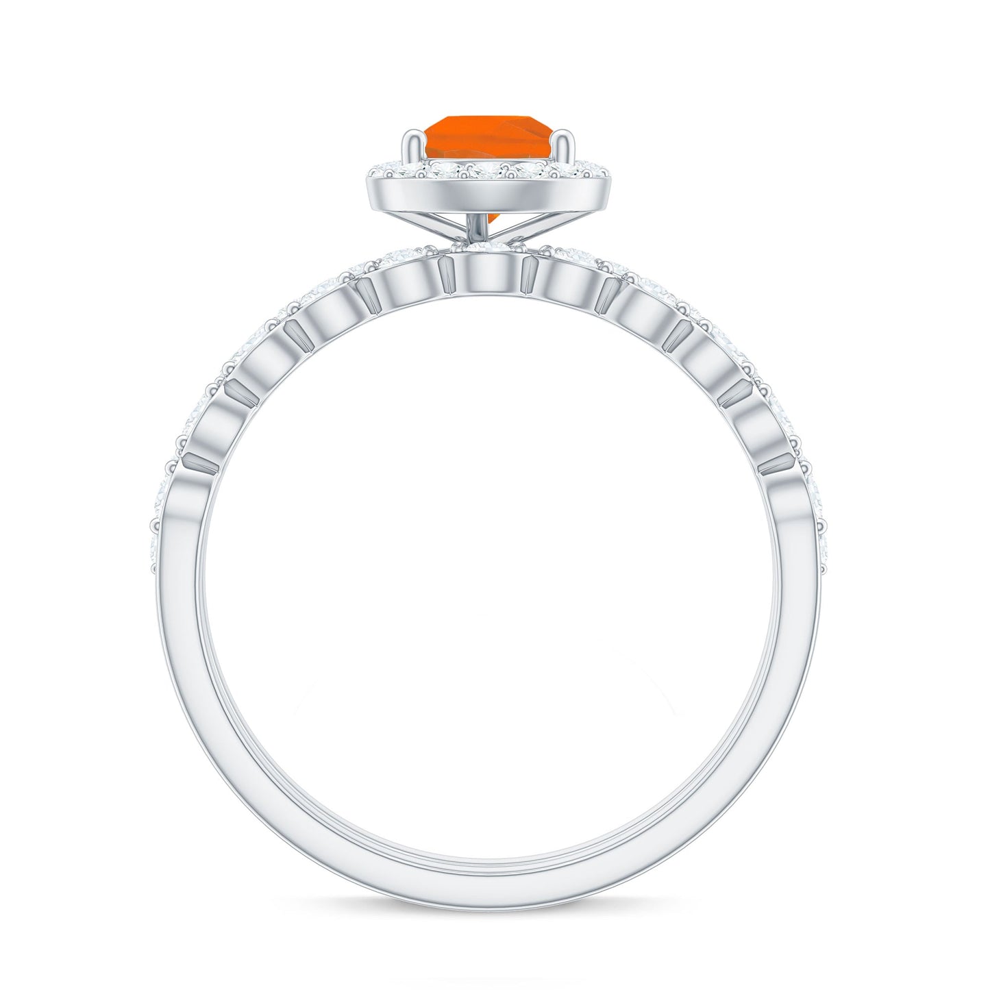 Teardrop Fire Opal Bridal Ring Set with Diamond