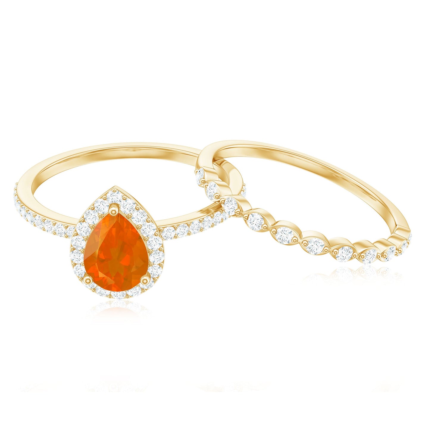 Teardrop Fire Opal Bridal Ring Set with Diamond