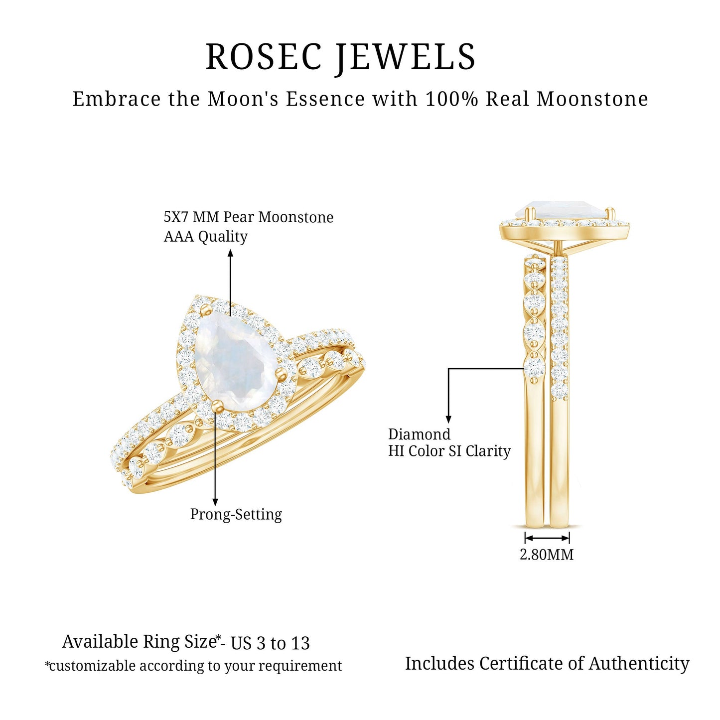 Teardrop Moonstone Bridal Ring Set with Diamond