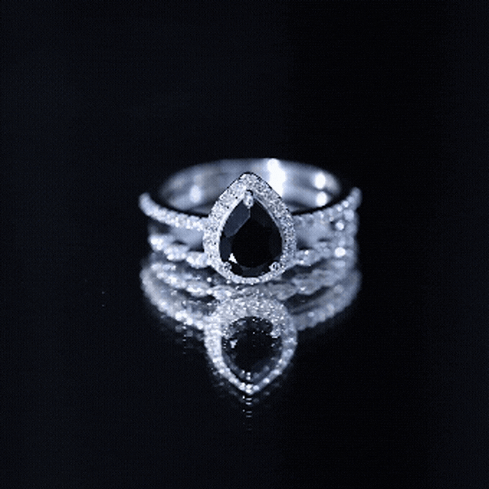 Pear Shaped Black Onyx and Diamond Halo Bridal Ring Set With Certificate